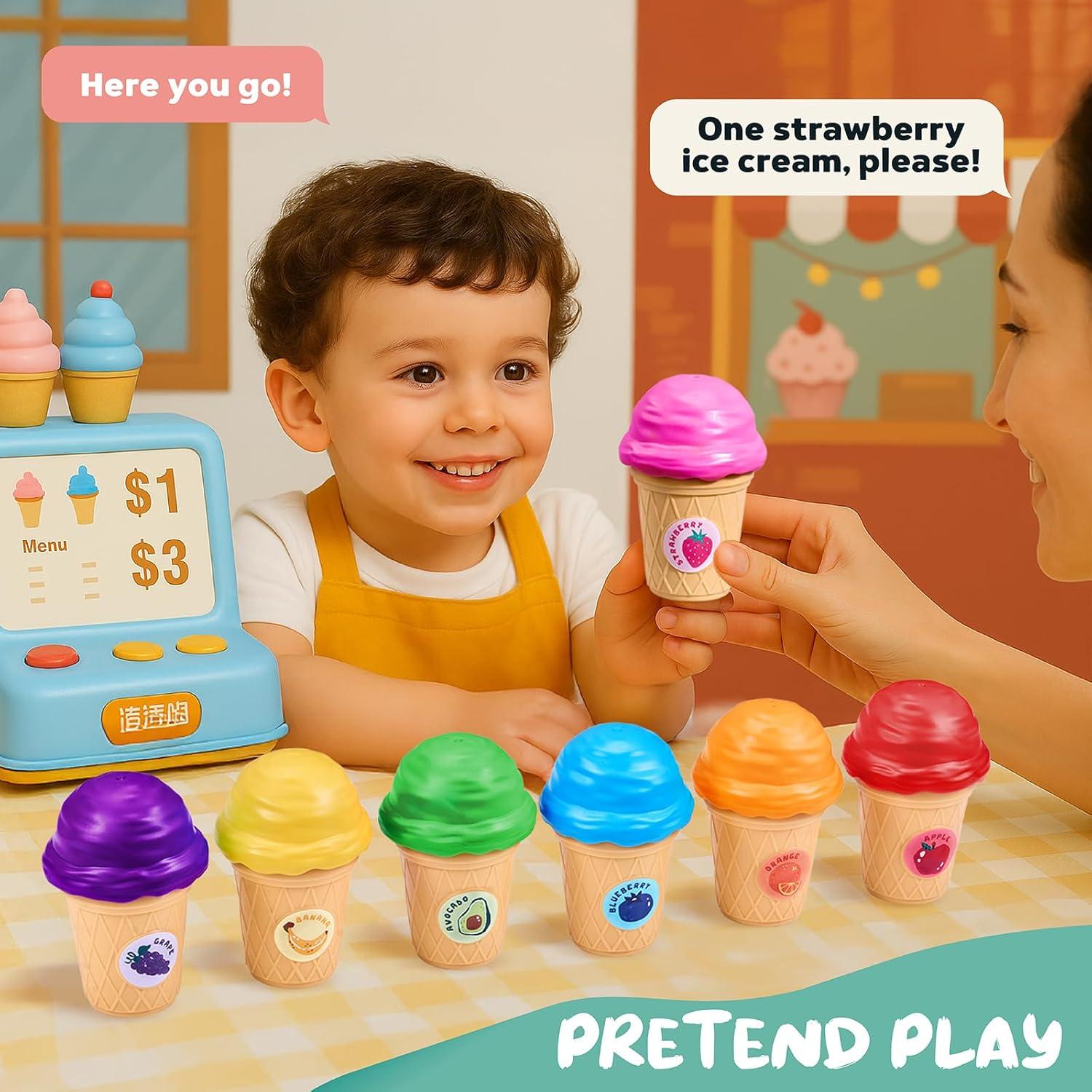 JOYCAT Ice Cream Toys, Color Recognition Stacking Play Set with 7 Matching Cones & Scoops, Pretend Play Food for Kids +Soft Baby Beehive with 5 Sensory Bees