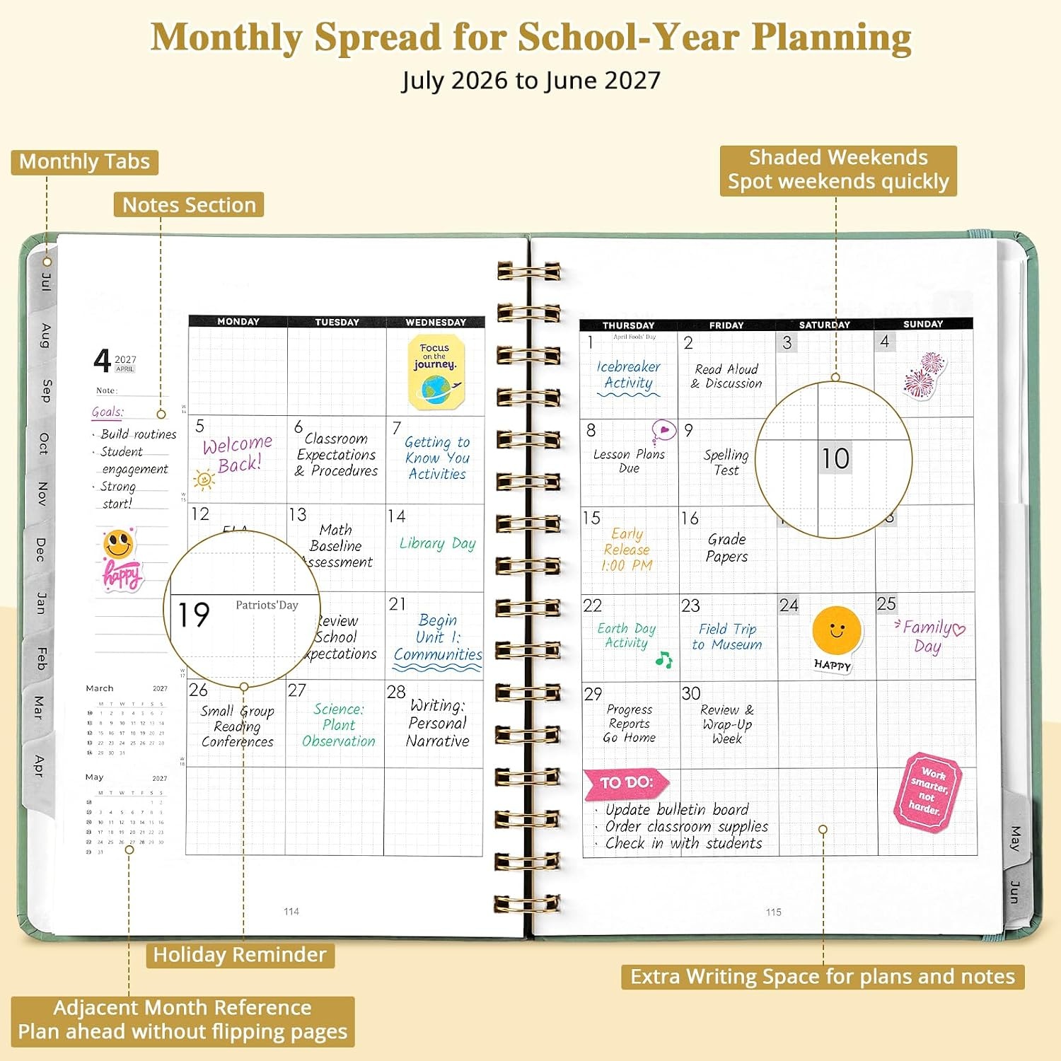 JoyCat 3 Ring Binder Blue Clipboard + A5 Green Academic Planner 2026-2027, July 2026 – June 2027, 6.3″ x 8.5″ Weekly & Monthly Planner