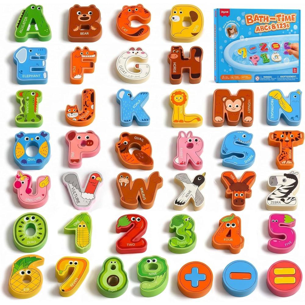 Joycat Bath Letters and Numbers for Toddlers, 50 PCS Foam Bath Toys with 36 Animal Alphabet Letters, 10 Fruit & Vegetable Numbers, 3 Math Symbols and Storage Bag, Bathtub Learning Toys for Kids