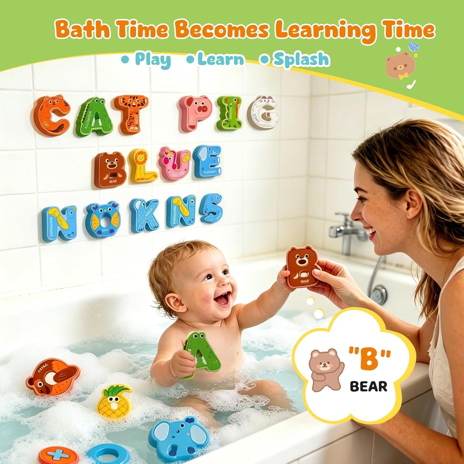 Joycat Bath Letters and Numbers for Toddlers, 50 PCS Foam Bath Toys with 36 Animal Alphabet Letters, 10 Fruit & Vegetable Numbers, 3 Math Symbols and Storage Bag, Bathtub Learning Toys for Kids