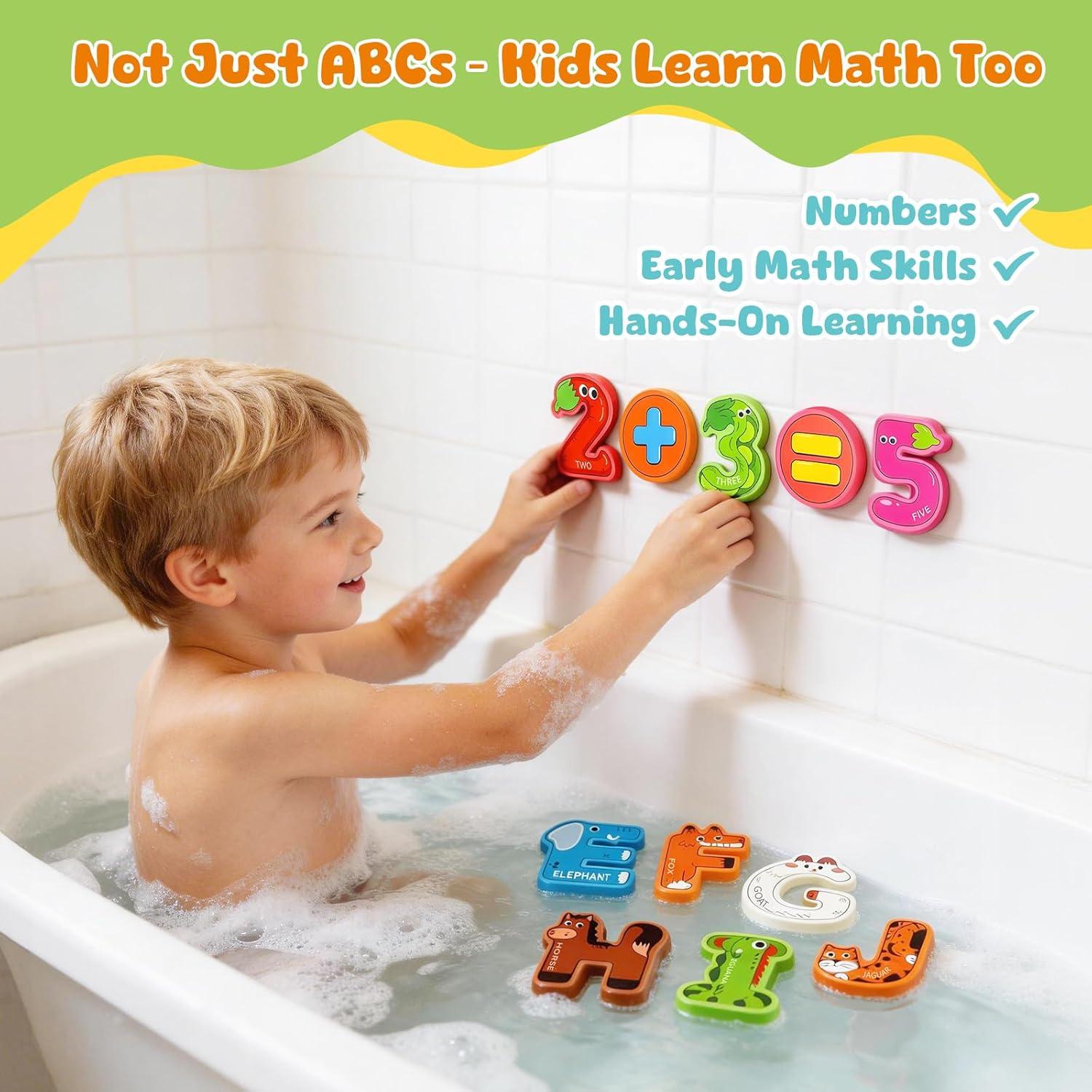 Joycat Bath Letters and Numbers for Toddlers, 50 PCS Foam Bath Toys with 36 Animal Alphabet Letters, 10 Fruit & Vegetable Numbers, 3 Math Symbols and Storage Bag, Bathtub Learning Toys for Kids