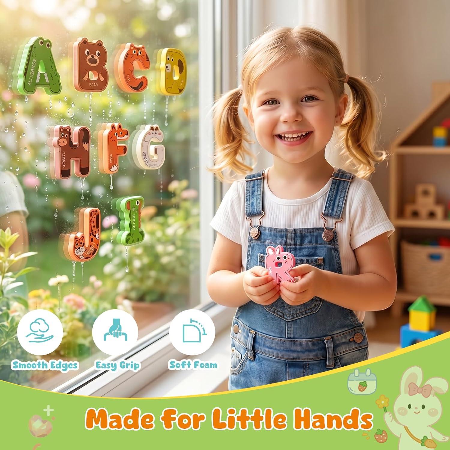 Joycat Bath Letters and Numbers for Toddlers, 50 PCS Foam Bath Toys with 36 Animal Alphabet Letters, 10 Fruit & Vegetable Numbers, 3 Math Symbols and Storage Bag, Bathtub Learning Toys for Kids