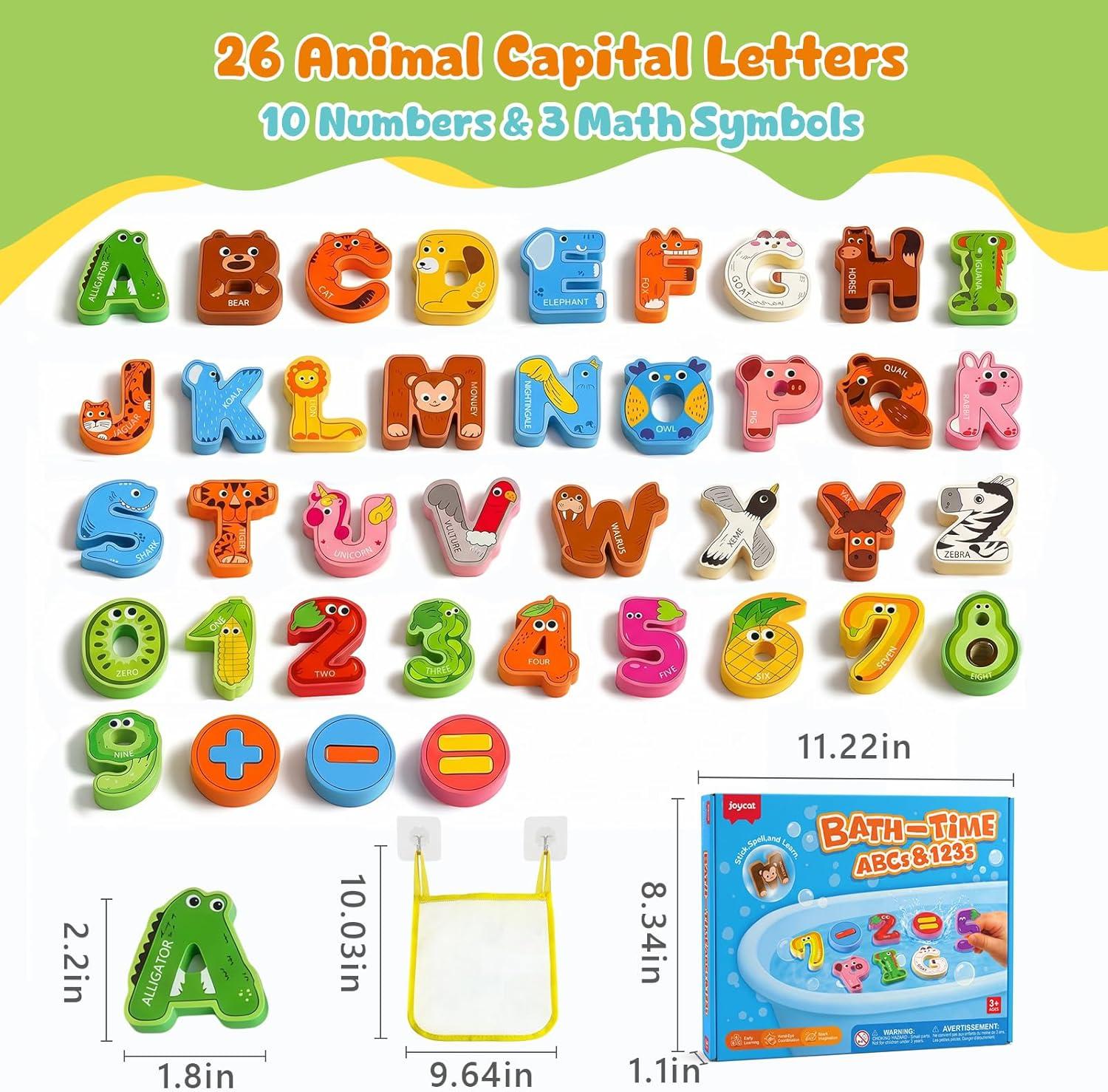 Joycat Bath Letters and Numbers for Toddlers, 50 PCS Foam Bath Toys with 36 Animal Alphabet Letters, 10 Fruit & Vegetable Numbers, 3 Math Symbols and Storage Bag, Bathtub Learning Toys for Kids