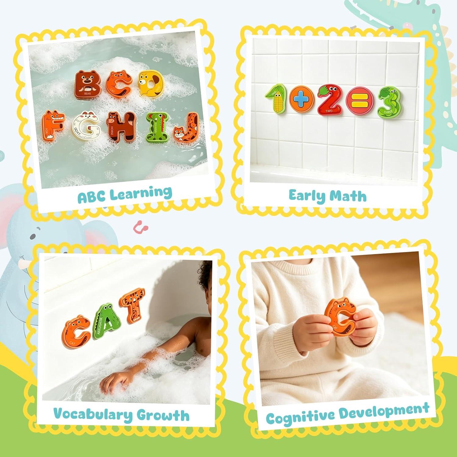 Joycat Bath Letters and Numbers for Toddlers, 50 PCS Foam Bath Toys with 36 Animal Alphabet Letters, 10 Fruit & Vegetable Numbers, 3 Math Symbols and Storage Bag, Bathtub Learning Toys for Kids