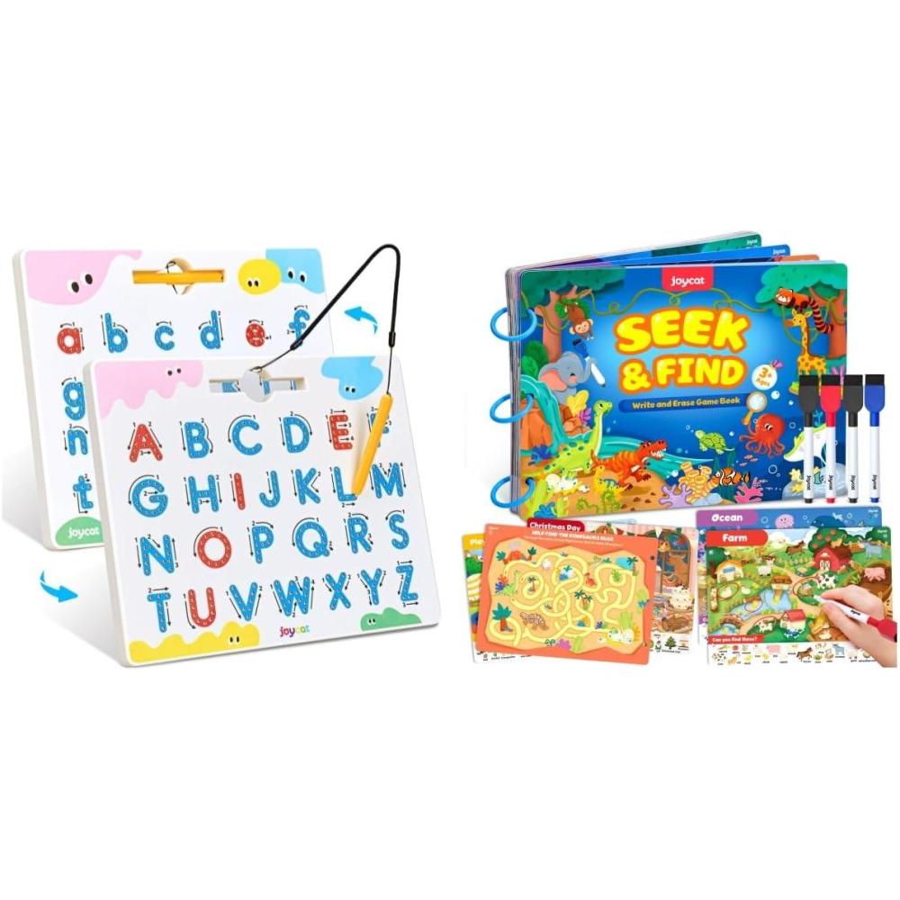 JoyCat Seek & Find Game Books + Magnetic Letter Tracing Board, 2-in-1 Double-Sided ABC Magnets for Kids Ages 3-5, Uppercase & Lowercase Letter Writing Practice