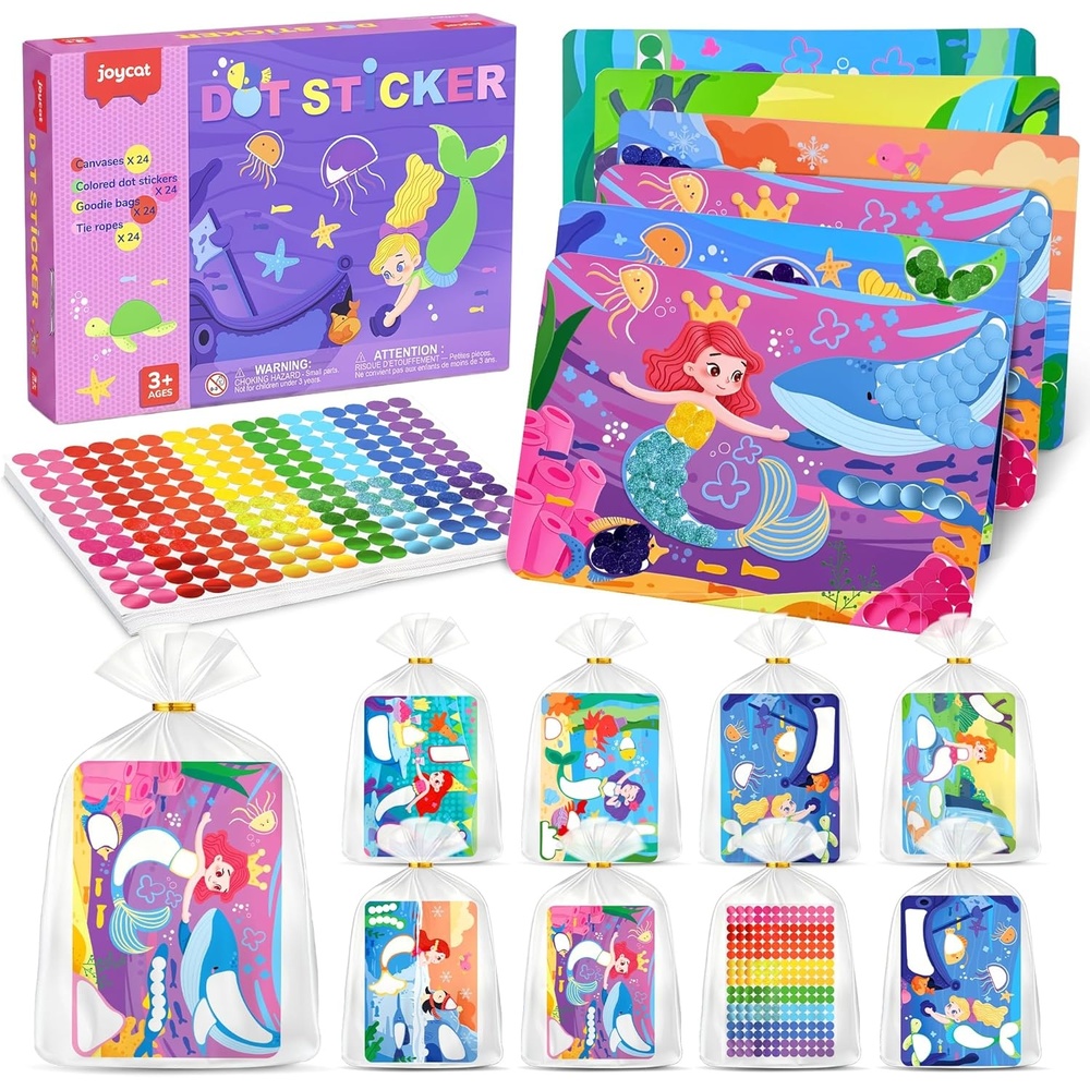 JoyCat 24 Pack Mermaid Dot Art Craft Kits for Kids Party Favors, Mess-Free Dot Sticker Activity Set with 4800+ Stickers & Goodie Bags, Classroom Prizes, Goodie Bag Stuffers, Mermaid Toys for Ages 3-8(Mermaid)