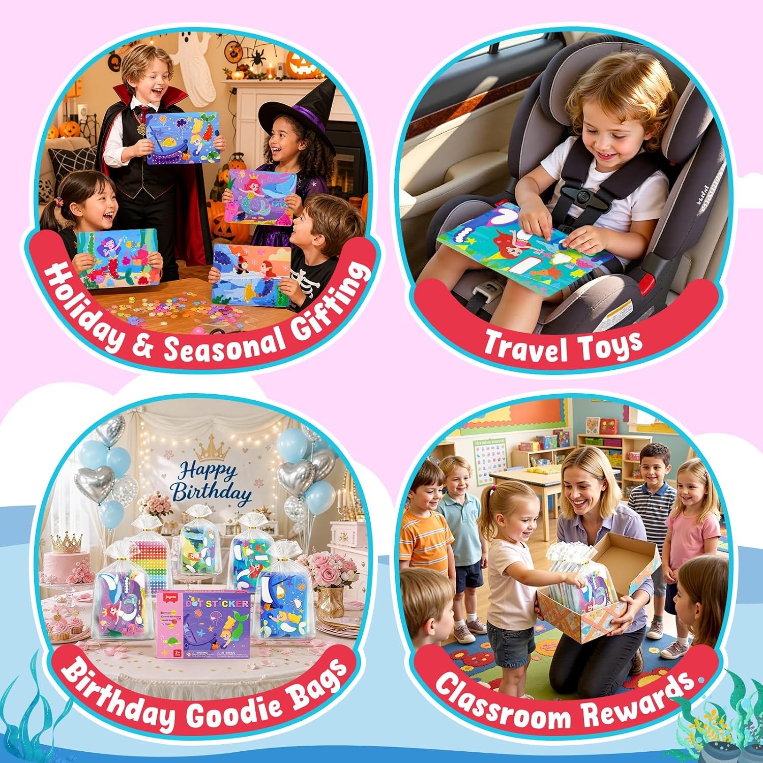 JoyCat 24 Pack Mermaid Dot Art Craft Kits for Kids Party Favors, Mess-Free Dot Sticker Activity Set with 4800+ Stickers & Goodie Bags, Classroom Prizes, Goodie Bag Stuffers, Mermaid Toys for Ages 3-8(Mermaid)