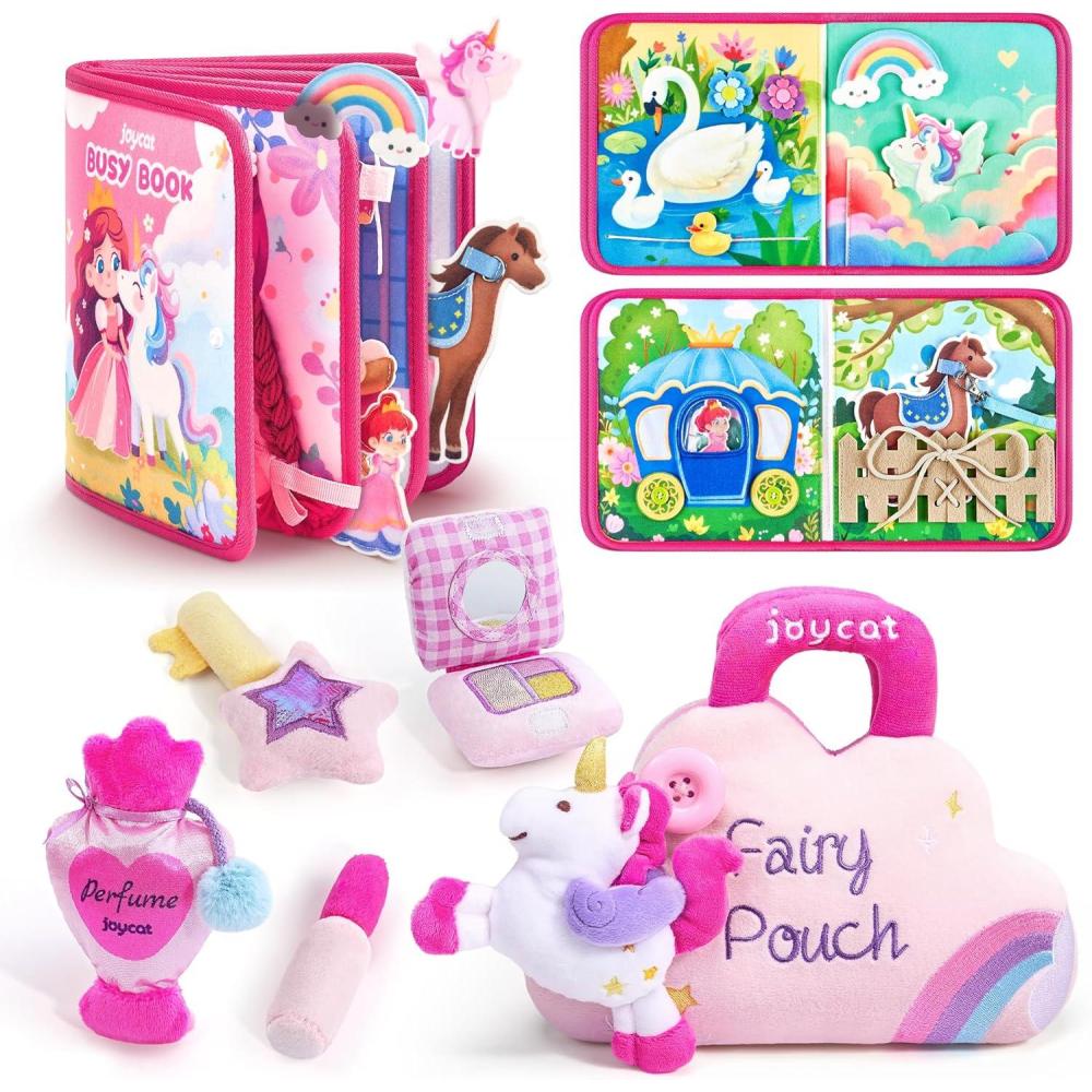 JoyCat Princess Busy Book My First Purse Baby Girl Unicorn Makeup Bag Set, Toys for Toddlers 1-3 Girls, 5 PCS Plush Toy with Perfume, Lipstick, Palette, Star Key – 1 Year Old Girl Gifts