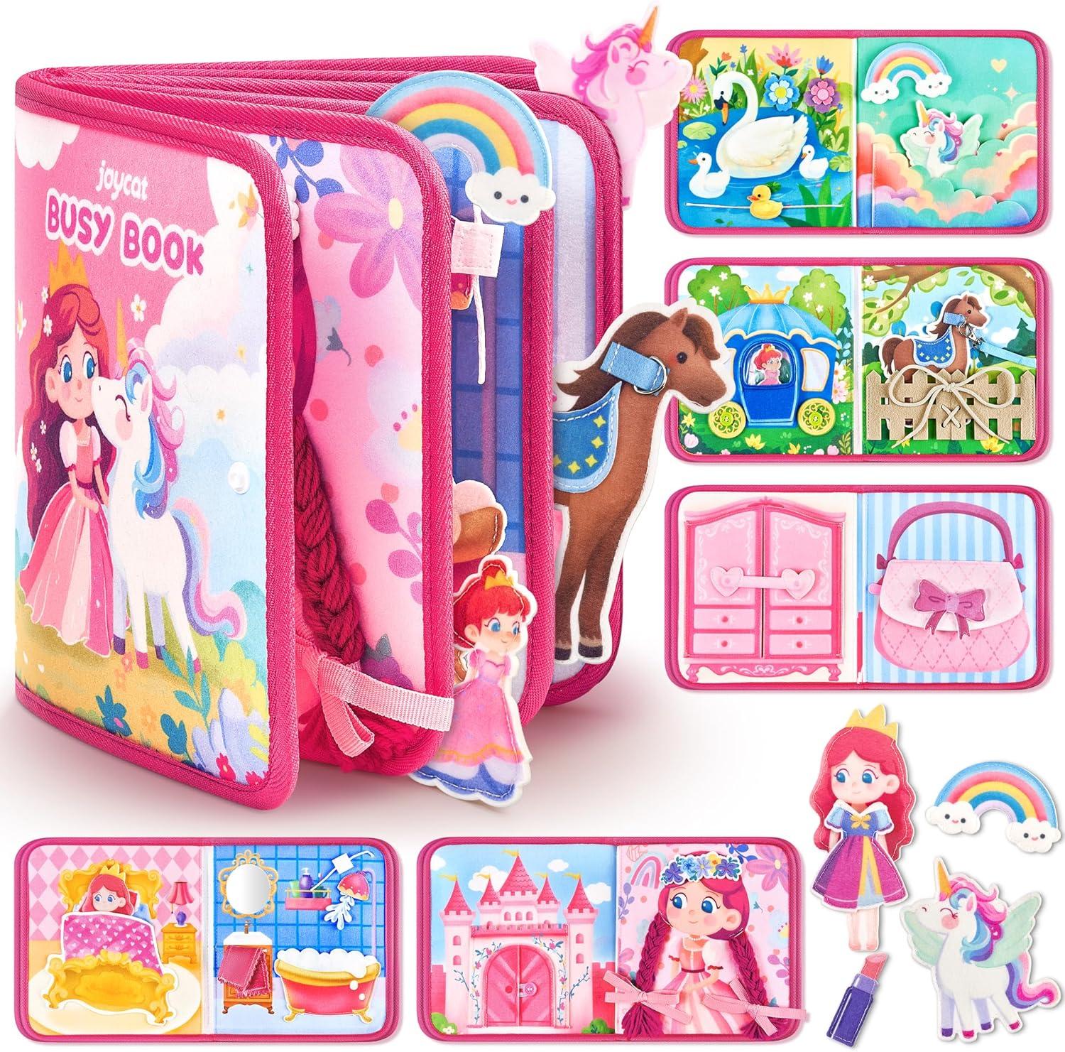 JoyCat Princess Busy Book My First Purse Baby Girl Unicorn Makeup Bag Set, Toys for Toddlers 1-3 Girls, 5 PCS Plush Toy with Perfume, Lipstick, Palette, Star Key – 1 Year Old Girl Gifts