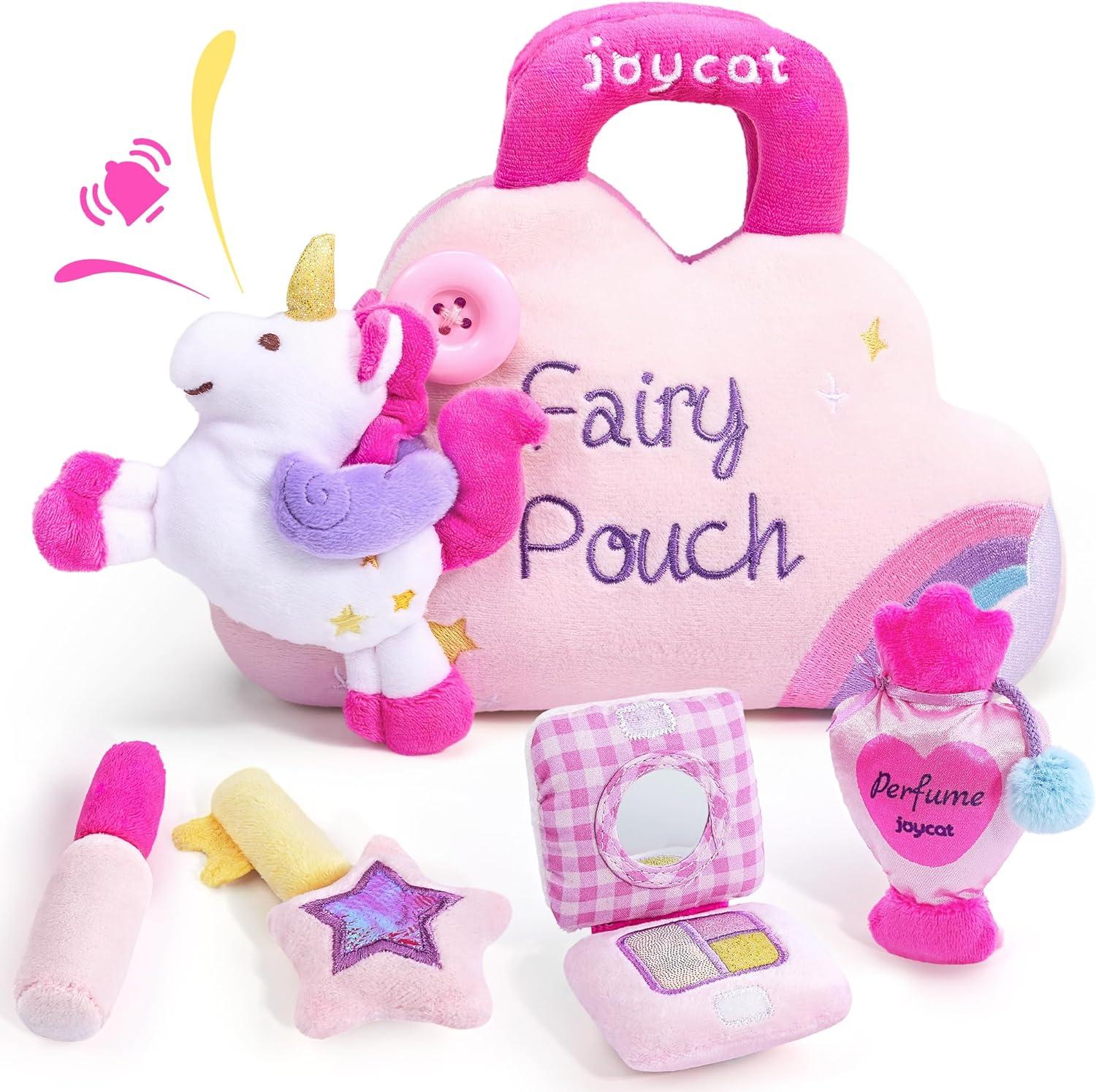 JoyCat Princess Busy Book My First Purse Baby Girl Unicorn Makeup Bag Set, Toys for Toddlers 1-3 Girls, 5 PCS Plush Toy with Perfume, Lipstick, Palette, Star Key – 1 Year Old Girl Gifts