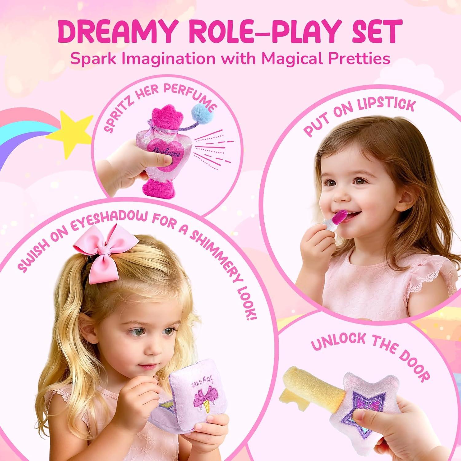 JoyCat Princess Busy Book My First Purse Baby Girl Unicorn Makeup Bag Set, Toys for Toddlers 1-3 Girls, 5 PCS Plush Toy with Perfume, Lipstick, Palette, Star Key – 1 Year Old Girl Gifts