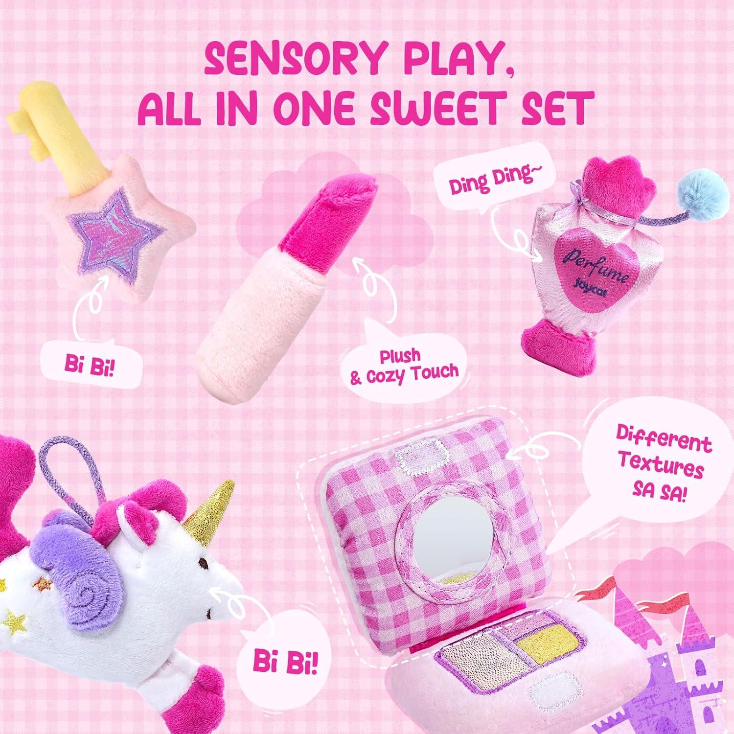 JoyCat Princess Busy Book My First Purse Baby Girl Unicorn Makeup Bag Set, Toys for Toddlers 1-3 Girls, 5 PCS Plush Toy with Perfume, Lipstick, Palette, Star Key – 1 Year Old Girl Gifts