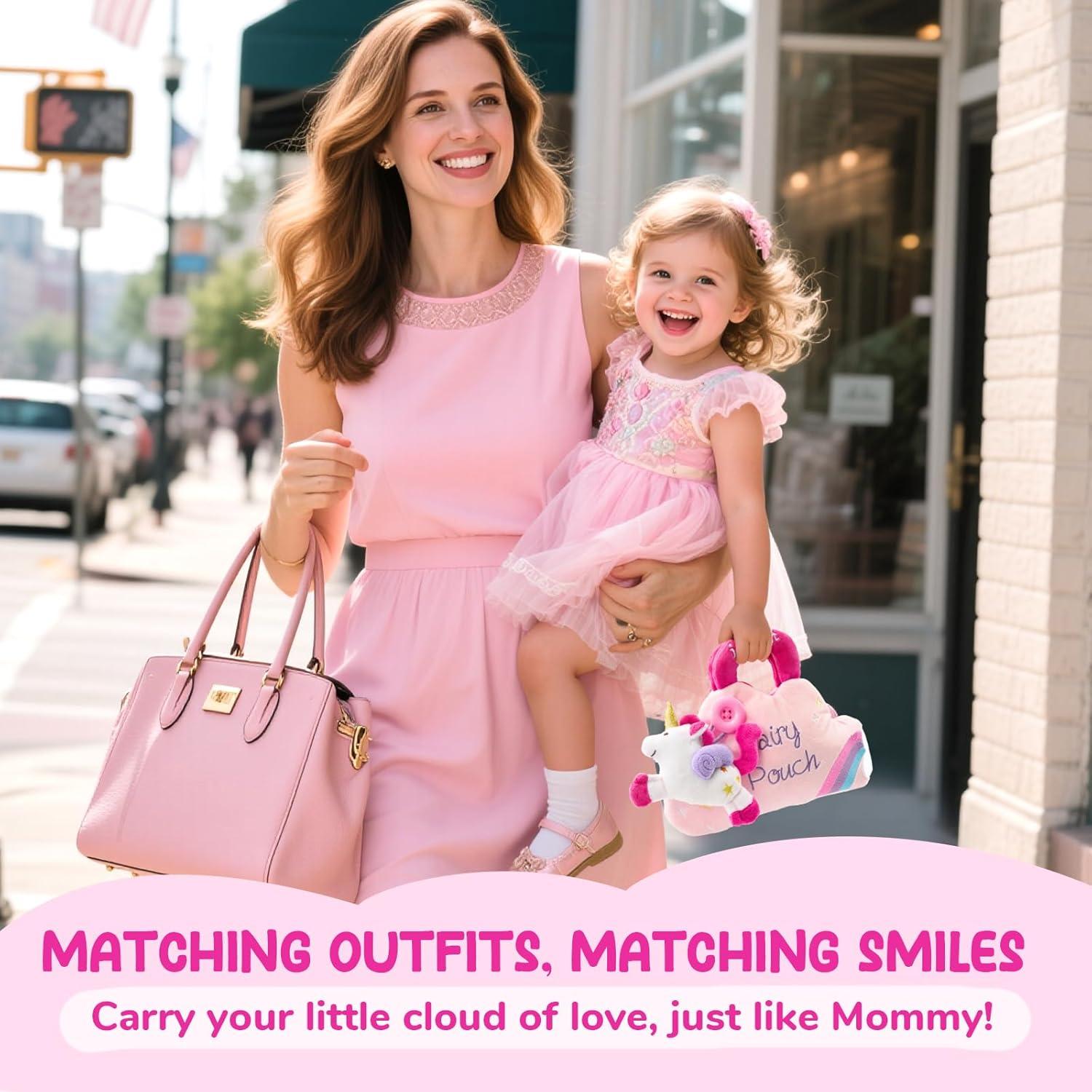 JoyCat Princess Busy Book My First Purse Baby Girl Unicorn Makeup Bag Set, Toys for Toddlers 1-3 Girls, 5 PCS Plush Toy with Perfume, Lipstick, Palette, Star Key – 1 Year Old Girl Gifts