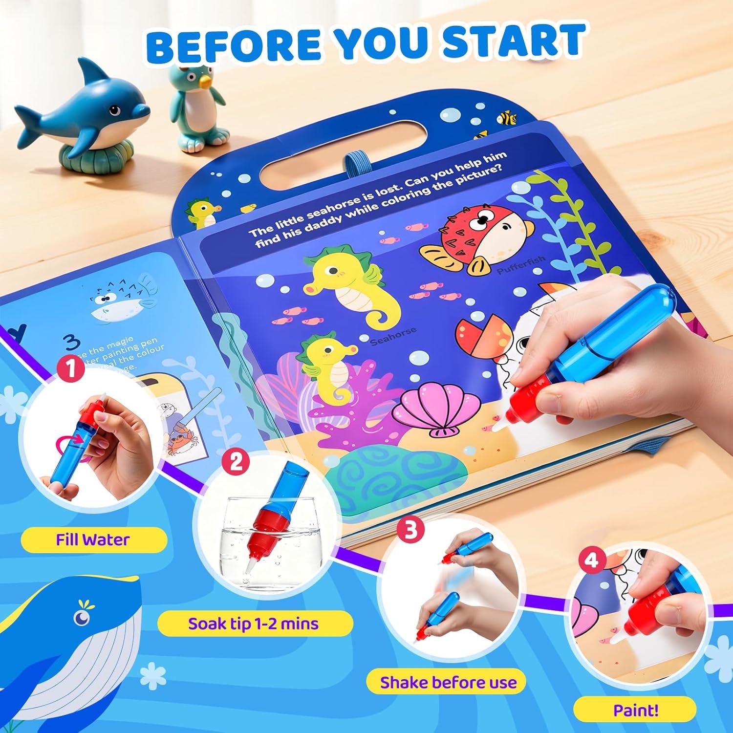 JoyCat Ocean Water Coloring Book for Toddlers 3-5, Reusable No-Mess Water Painting Book with Water Pen, 13 Activity Pages, Travel Toy Gift for Boys & Girls(Ocean)