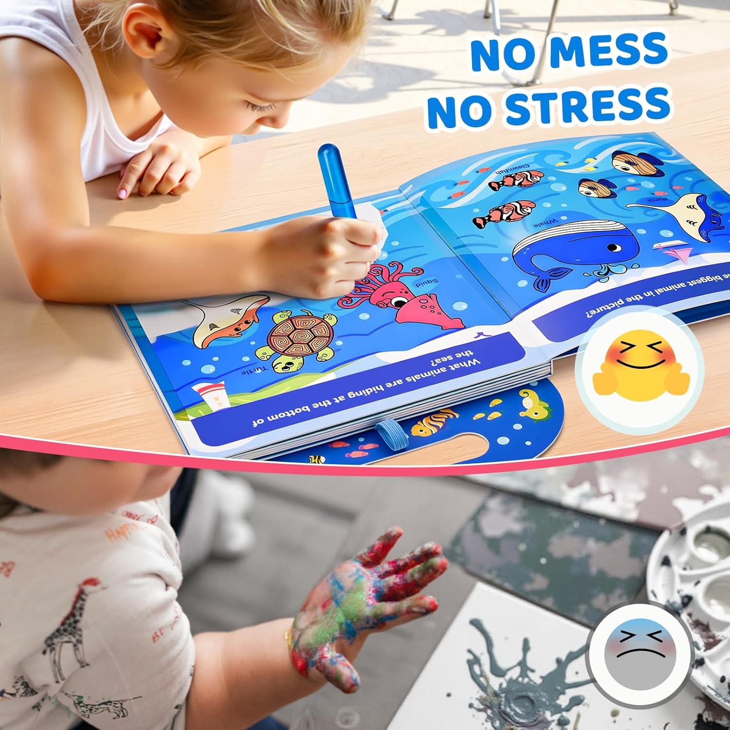 JoyCat Ocean Water Coloring Book for Toddlers 3-5, Reusable No-Mess Water Painting Book with Water Pen, 13 Activity Pages, Travel Toy Gift for Boys & Girls(Ocean)