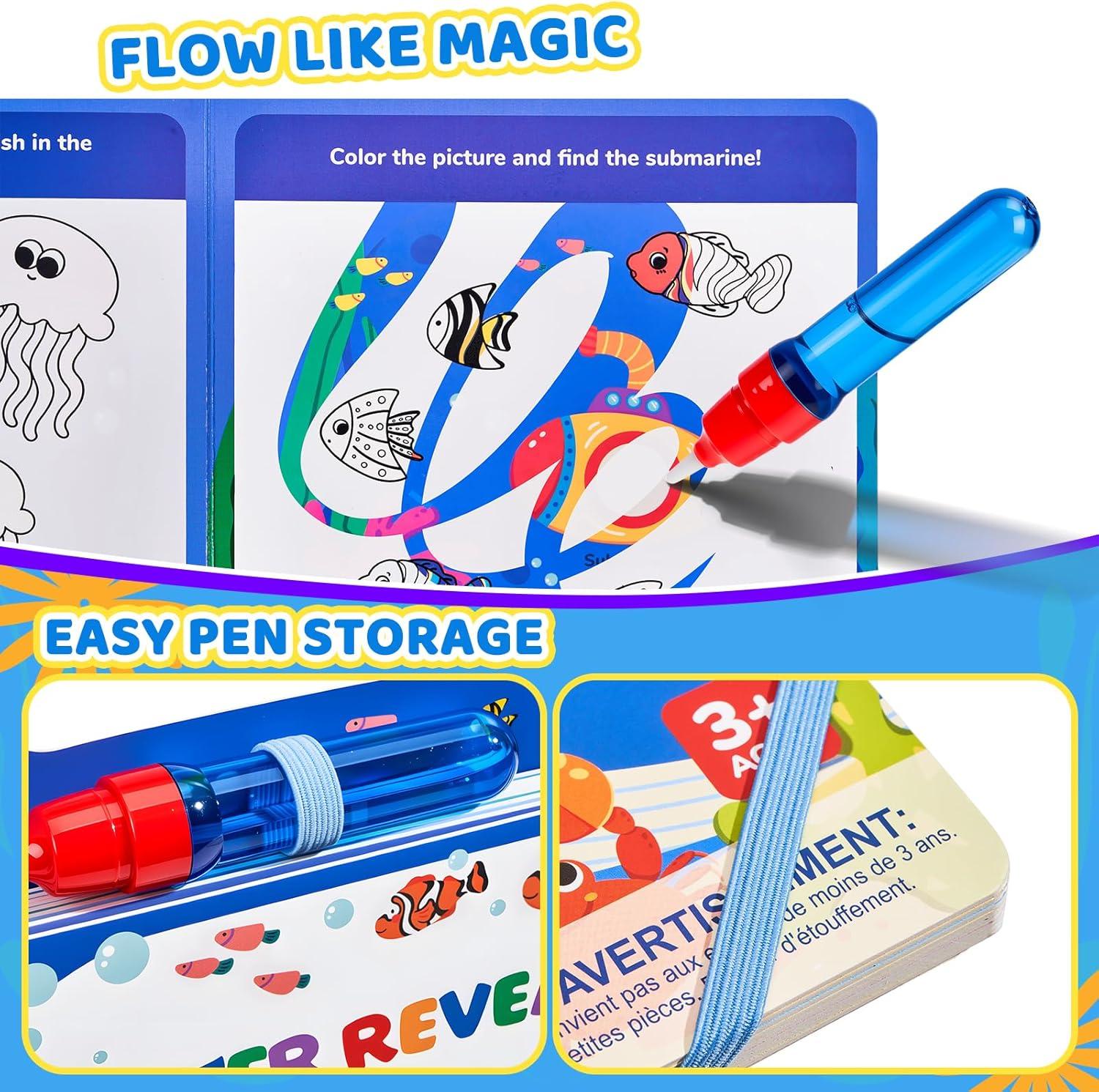 JoyCat Ocean Water Coloring Book for Toddlers 3-5, Reusable No-Mess Water Painting Book with Water Pen, 13 Activity Pages, Travel Toy Gift for Boys & Girls(Ocean)