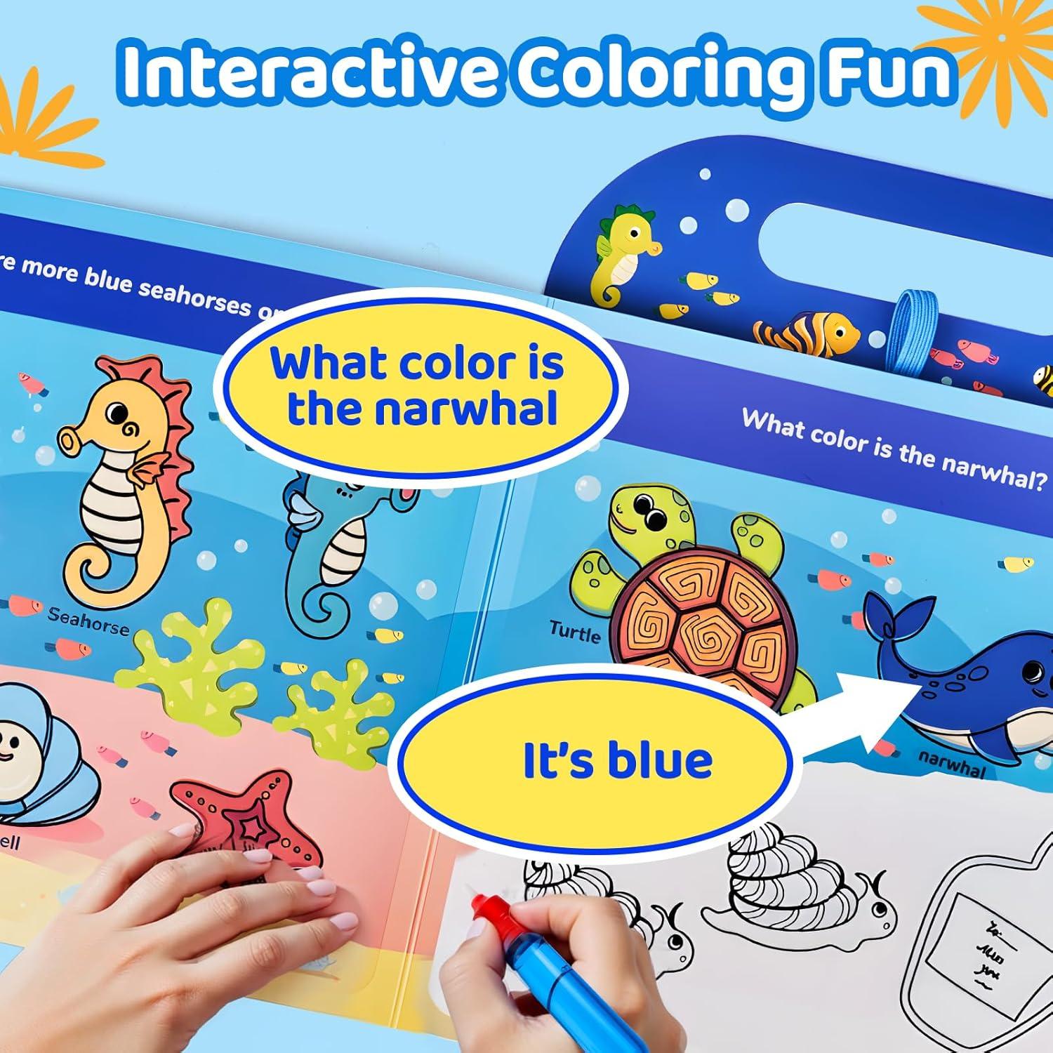 JoyCat Ocean Water Coloring Book for Toddlers 3-5, Reusable No-Mess Water Painting Book with Water Pen, 13 Activity Pages, Travel Toy Gift for Boys & Girls(Ocean)