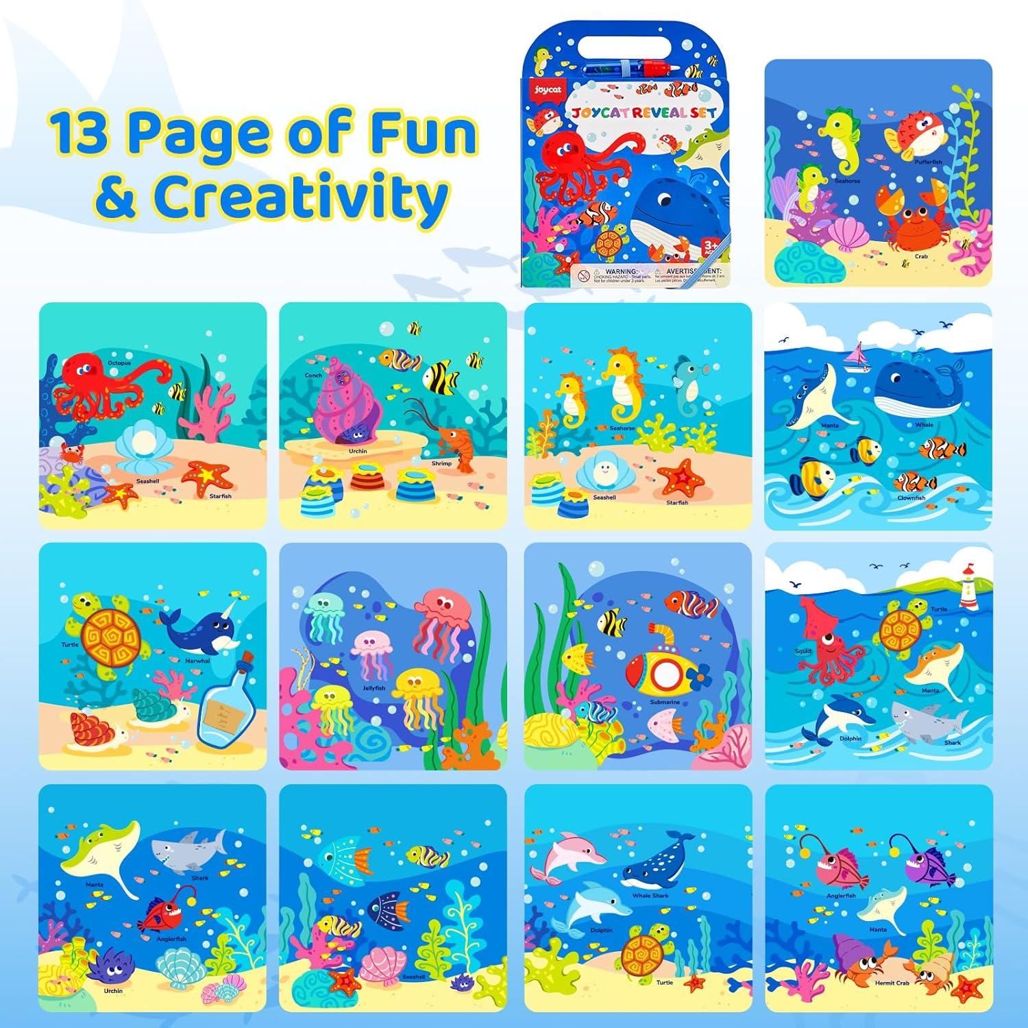 JoyCat Ocean Water Coloring Book for Toddlers 3-5, Reusable No-Mess Water Painting Book with Water Pen, 13 Activity Pages, Travel Toy Gift for Boys & Girls(Ocean)