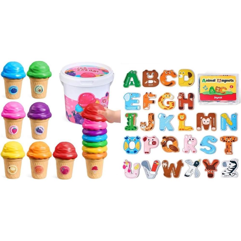 JOYCAT Ice Cream Toys, Color Recognition Stacking Play Set with 7 Matching Cones & Scoops,+Wooden Thick Alphabet Magnets for Toddlers Fridge Large Size Cute Animal Colorful ABC Magnetic Letters 26 Upp