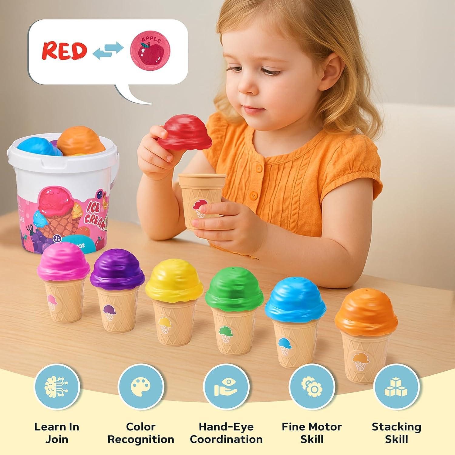JOYCAT Ice Cream Toys, Color Recognition Stacking Play Set with 7 Matching Cones & Scoops,+Wooden Thick Alphabet Magnets for Toddlers Fridge Large Size Cute Animal Colorful ABC Magnetic Letters 26 Upp