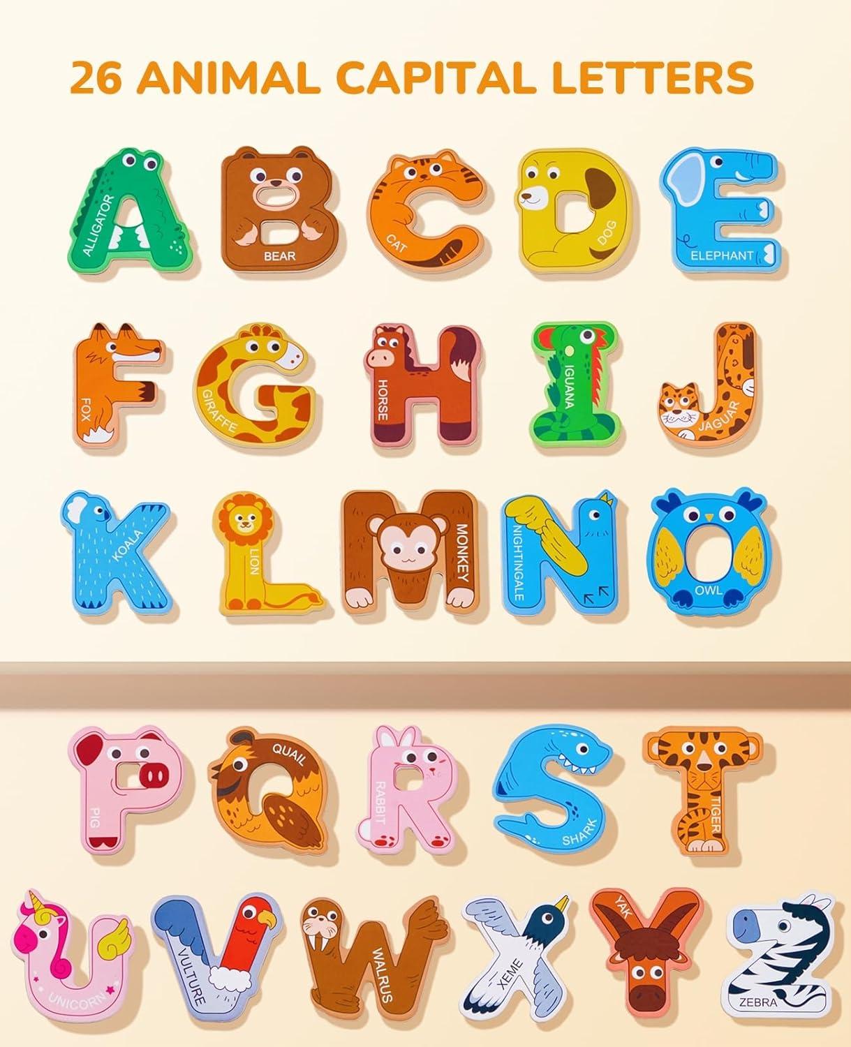 JOYCAT Ice Cream Toys, Color Recognition Stacking Play Set with 7 Matching Cones & Scoops,+Wooden Thick Alphabet Magnets for Toddlers Fridge Large Size Cute Animal Colorful ABC Magnetic Letters 26 Upp
