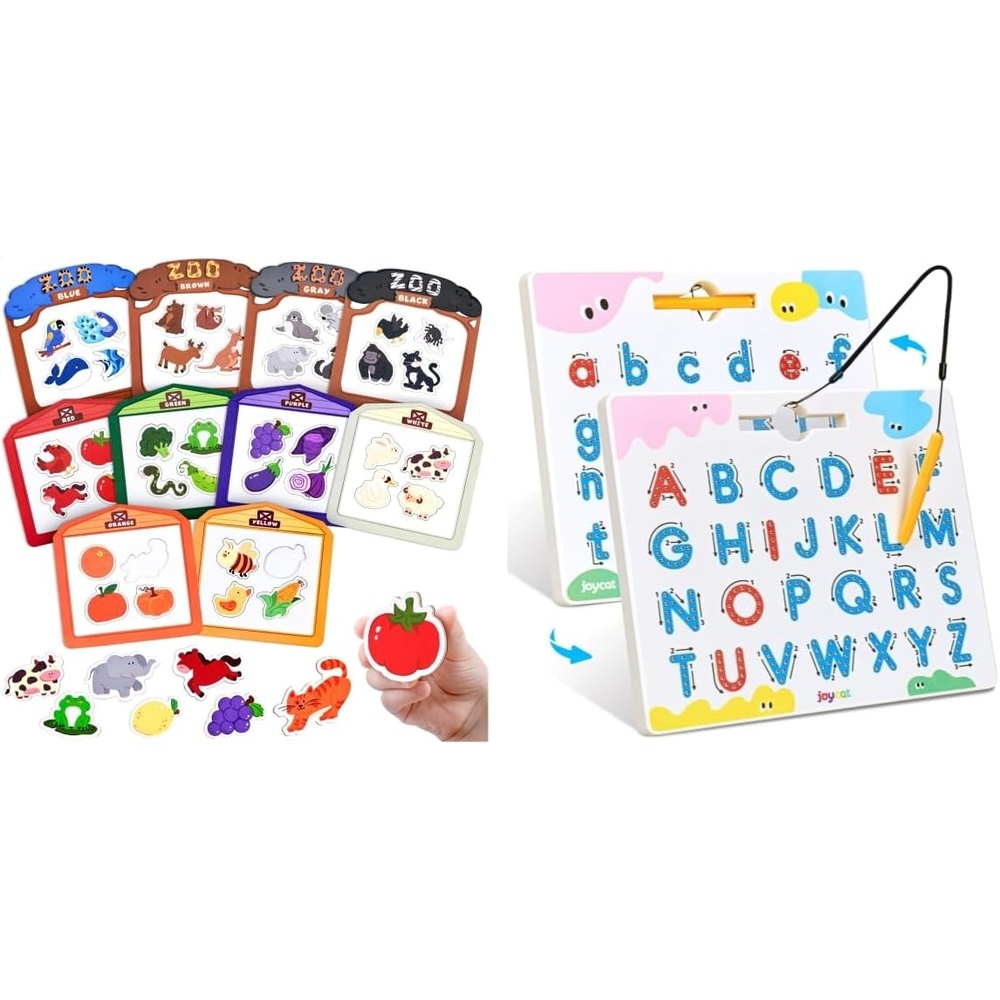 JoyCat Magnetic Letter Tracing Board + Wooden Fridge Magnets for Toddlers, 50PCS Magnetic Color Sorting Refrigerator Toys