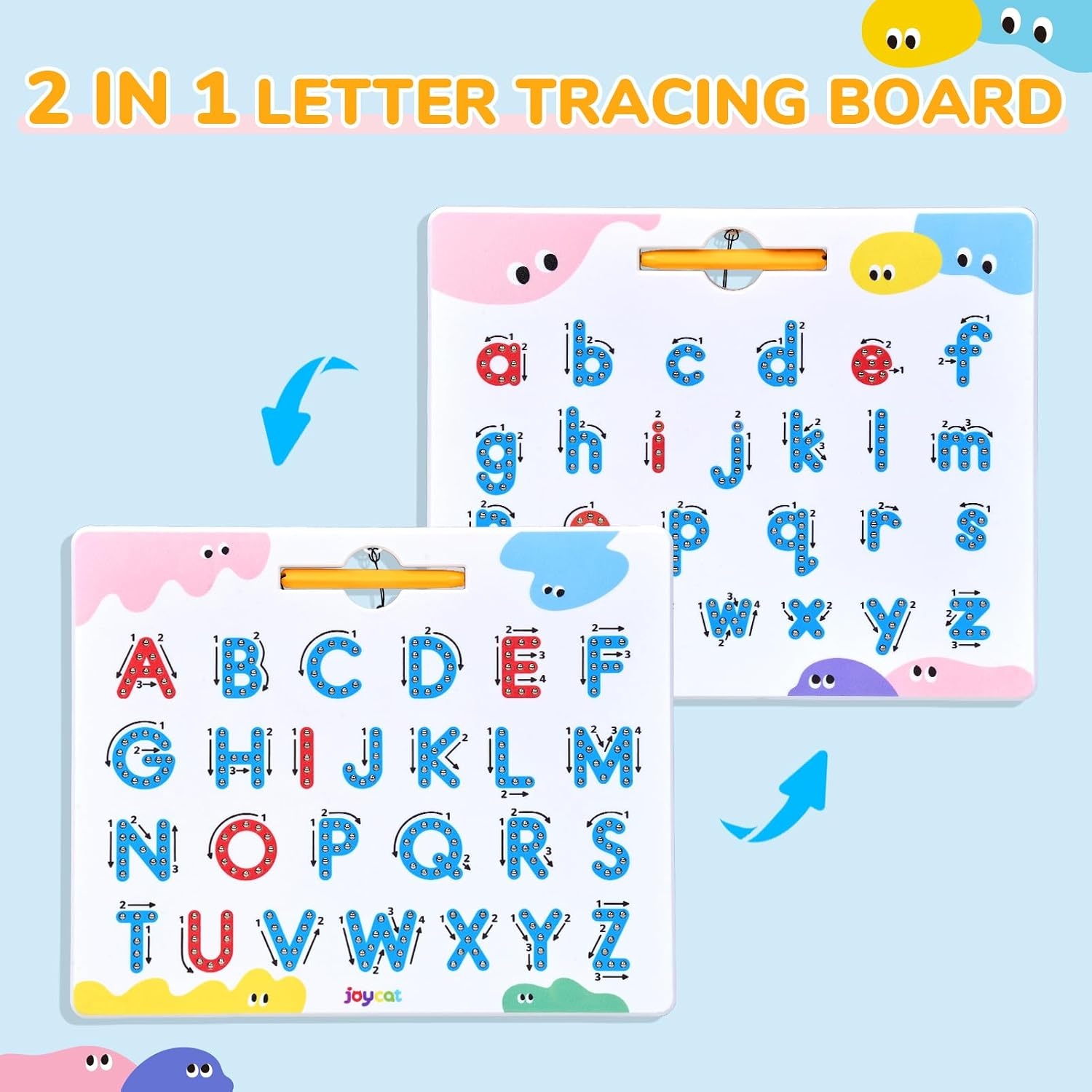JoyCat Magnetic Letter Tracing Board + Wooden Fridge Magnets for Toddlers, 50PCS Magnetic Color Sorting Refrigerator Toys