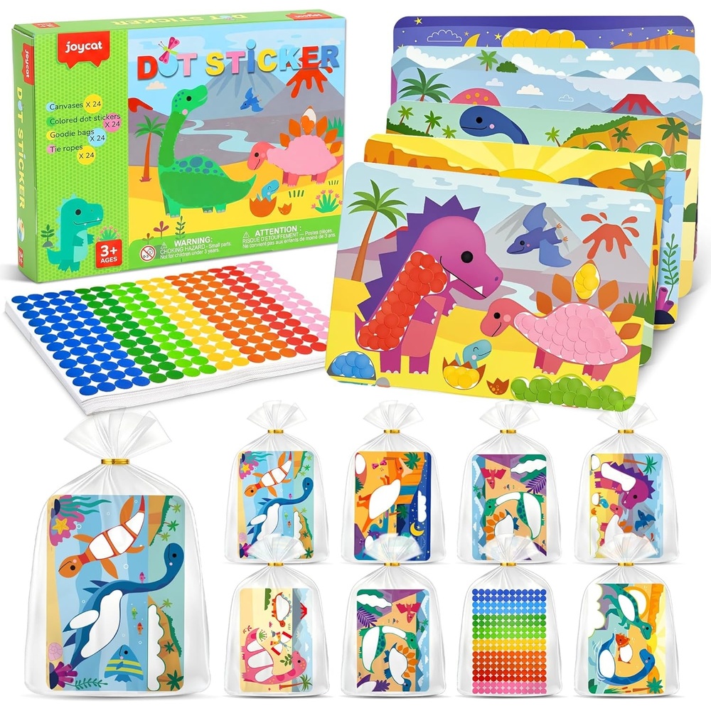 JoyCat 24 Pack Ocean Dot Art Craft Kits for Kids Party Favors, Mess-Free Dot Sticker Activity Set with 4800+ Stickers & Goodie Bags, Sea Animal Classroom Prizes, Goodie Bag Stuffers Ages 3-8(Dinosaur)