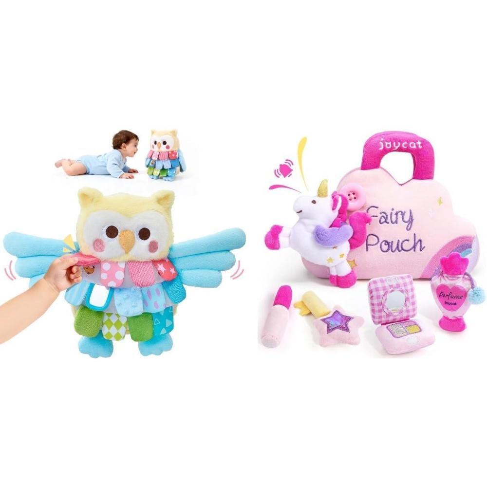 JoyCat Unicorn Makeup Bag Set 5 PCS with Perfume, Lipstick, Palette, Star Key+ Sensory Owl Stuffed Animal, Soft Tummy Time Toy for Infant with Textured Crinkle & Mirror