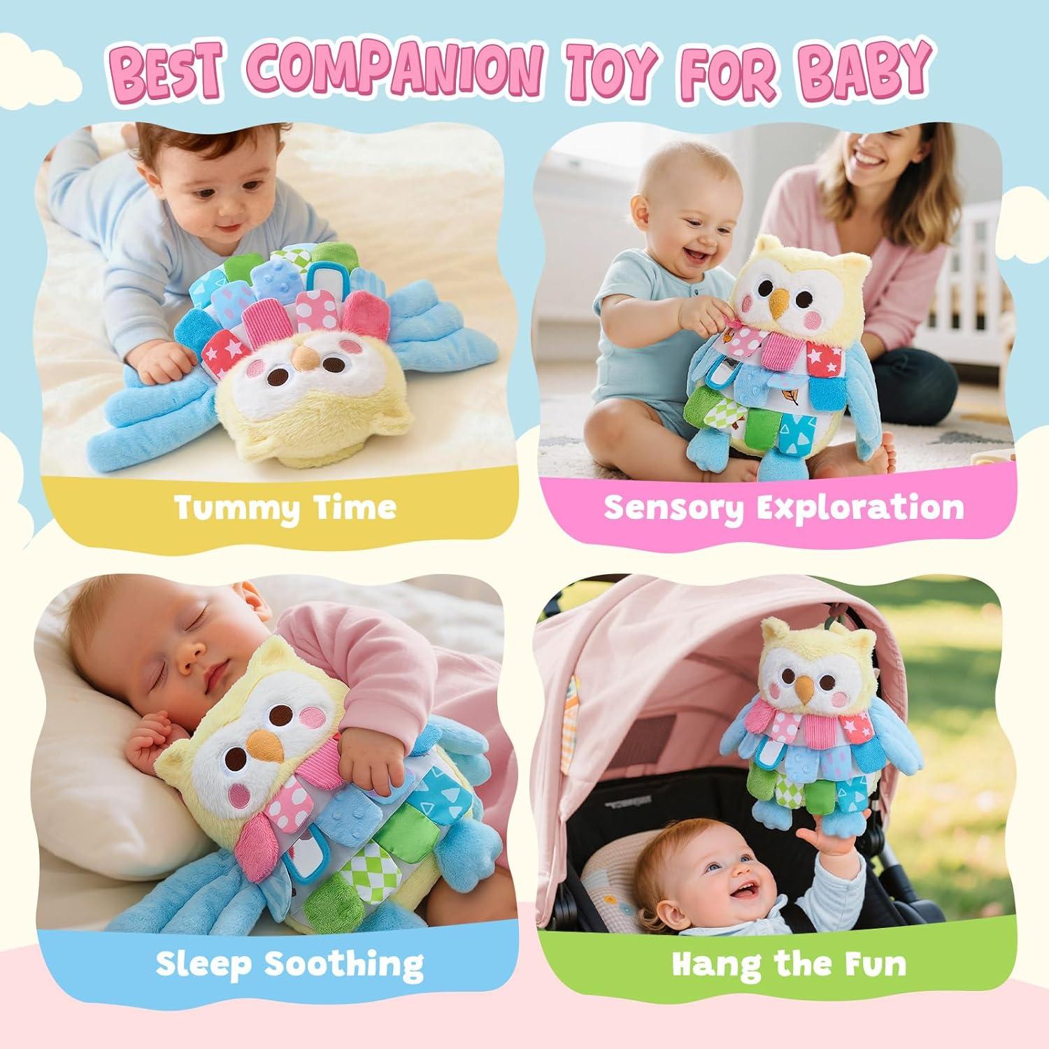 JoyCat Unicorn Makeup Bag Set 5 PCS with Perfume, Lipstick, Palette, Star Key+ Sensory Owl Stuffed Animal, Soft Tummy Time Toy for Infant with Textured Crinkle & Mirror