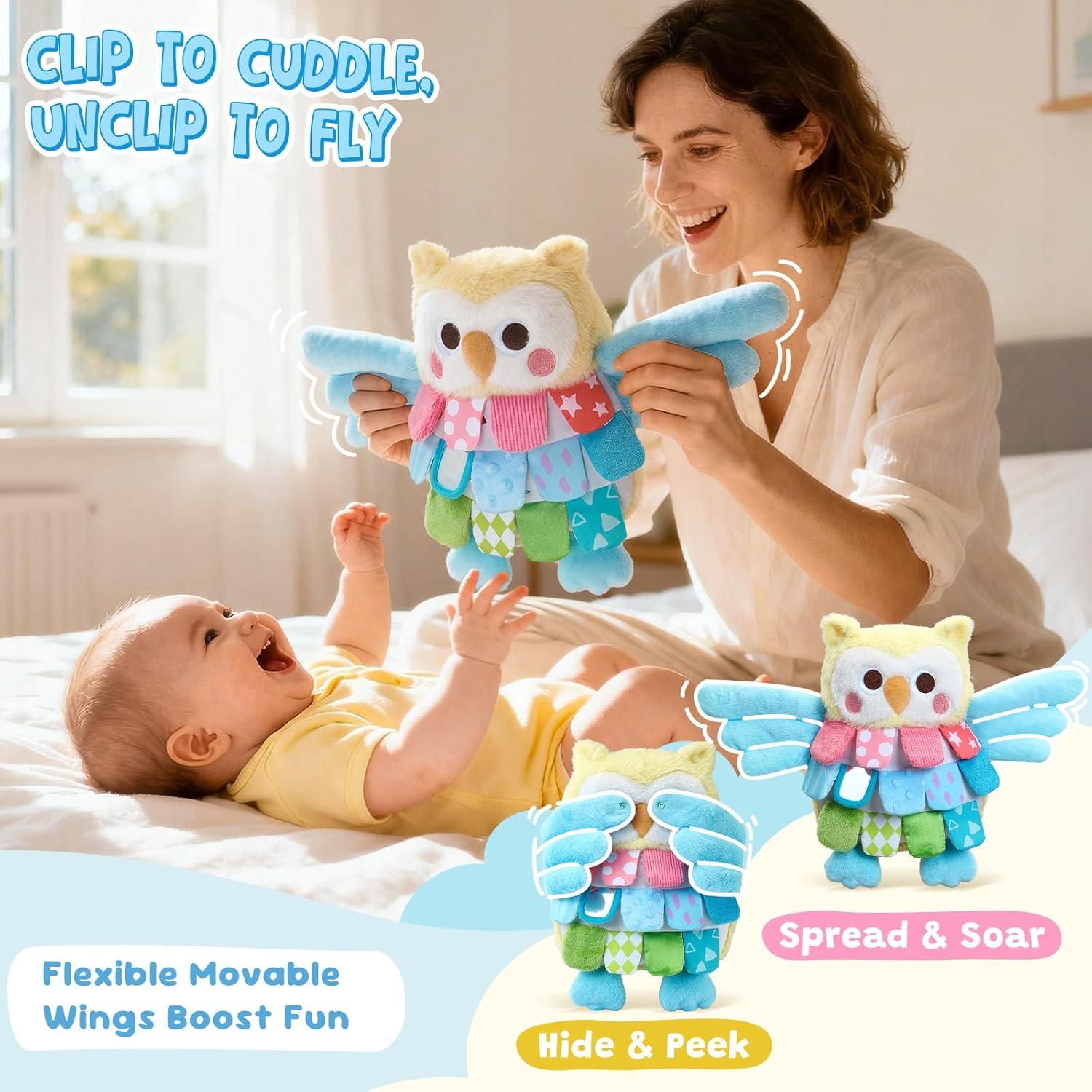 JoyCat Unicorn Makeup Bag Set 5 PCS with Perfume, Lipstick, Palette, Star Key+ Sensory Owl Stuffed Animal, Soft Tummy Time Toy for Infant with Textured Crinkle & Mirror