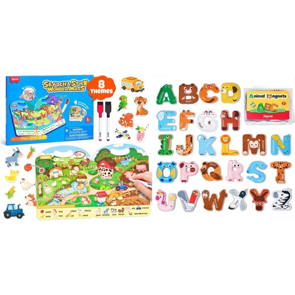 JoyCat Wooden Thick Alphabet Magnets for Toddlers + JoyCat Search and Find Activity Mats, Reusable Sticker Books for Toddlers with 120+ Jelly Stickers