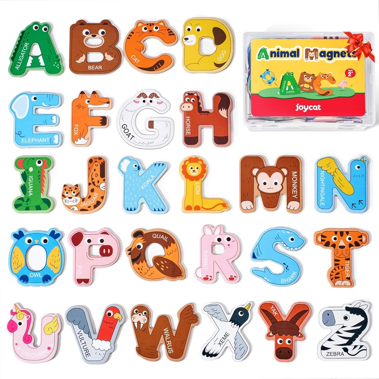 JoyCat Wooden Thick Alphabet Magnets for Toddlers + JoyCat Search and Find Activity Mats, Reusable Sticker Books for Toddlers with 120+ Jelly Stickers