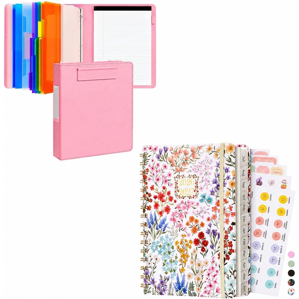 JoyCat 3 Ring Binder Pink Clipboard + Wildflowers A5 Academic Planner 2026-2027, July 2026 – June 2027, 6.3″ x 8.5″ Weekly & Monthly Planner