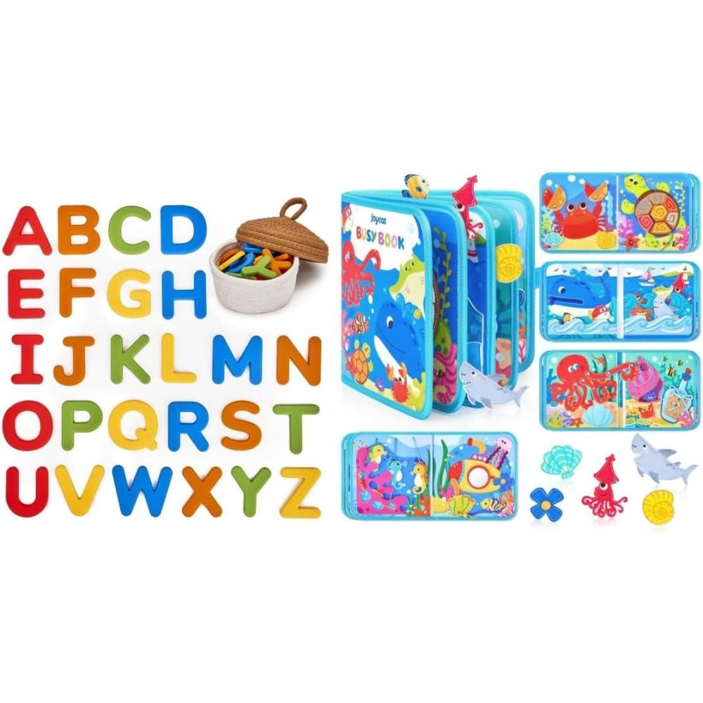 JoyCat Ocean Busy Book for Toddlers 1-3 – Travel Toy Activity Book for 1 2 3 Year Old Boys Girls + Silicone Alphabet Magnetic Letters, 26 Uppercase ABC Fridge Magnets for Toddlers 1-3 & Kids