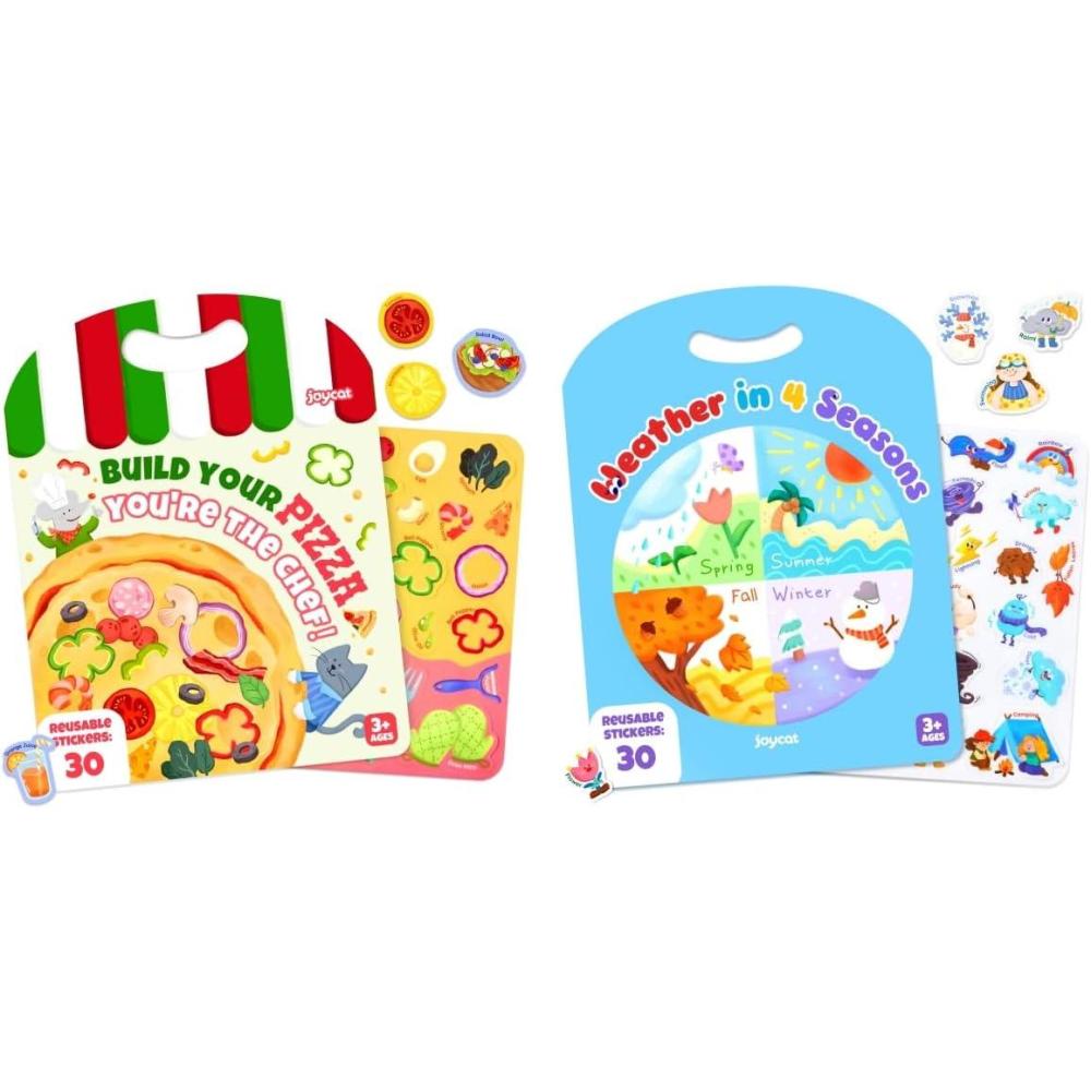 JoyCat Reusable Sticker Book (2-Pack) – Jelly Stickers for Toddlers, Kids Sticker Activity Book (Pizza + Weather)