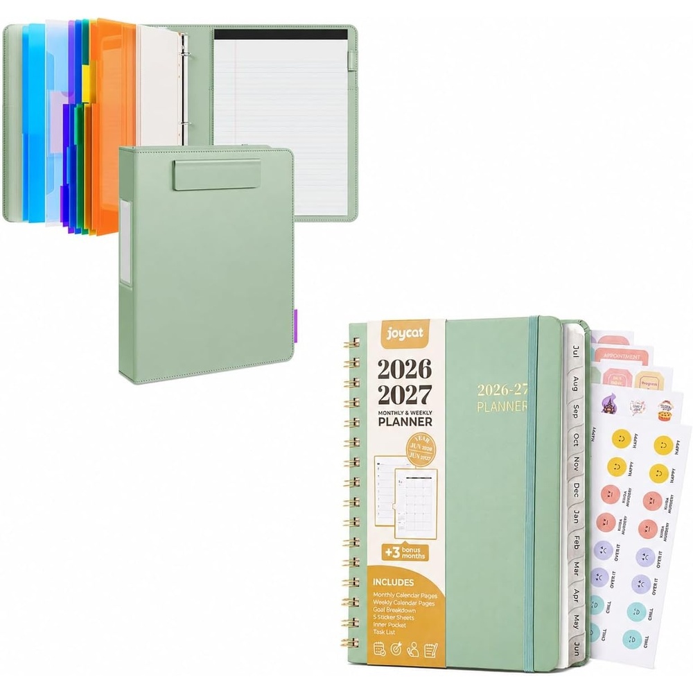 JoyCat 3 Ring Binder Grass Green Clipboard + A5 Green Academic Planner 2026-2027, July 2026 – June 2027, 6.3″ x 8.5″ Weekly & Monthly Planner