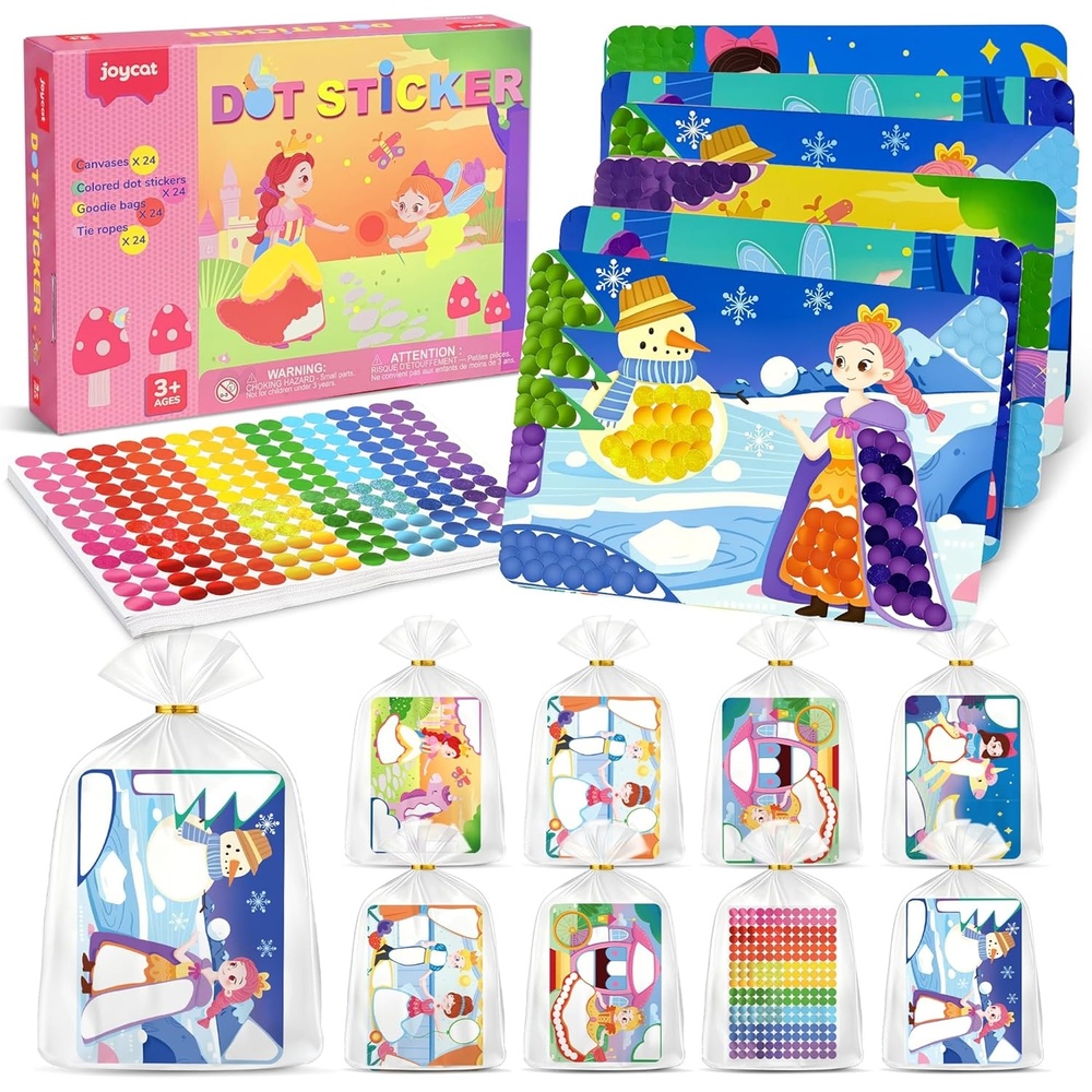 JoyCat 24 Pack Ocean Dot Art Craft Kits for Kids Party Favors, Mess-Free Dot Sticker Activity Set with 4800+ Stickers & Goodie Bags, Sea Animal Classroom Prizes, Goodie Bag Stuffers Ages 3-8(Princess)
