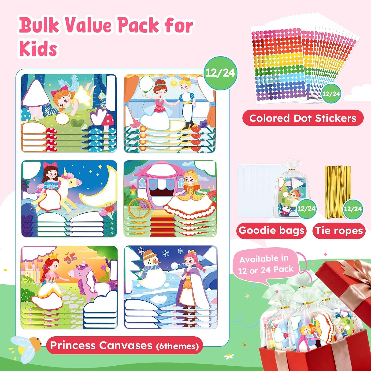 JoyCat 24 Pack Ocean Dot Art Craft Kits for Kids Party Favors, Mess-Free Dot Sticker Activity Set with 4800+ Stickers & Goodie Bags, Sea Animal Classroom Prizes, Goodie Bag Stuffers Ages 3-8(Princess)