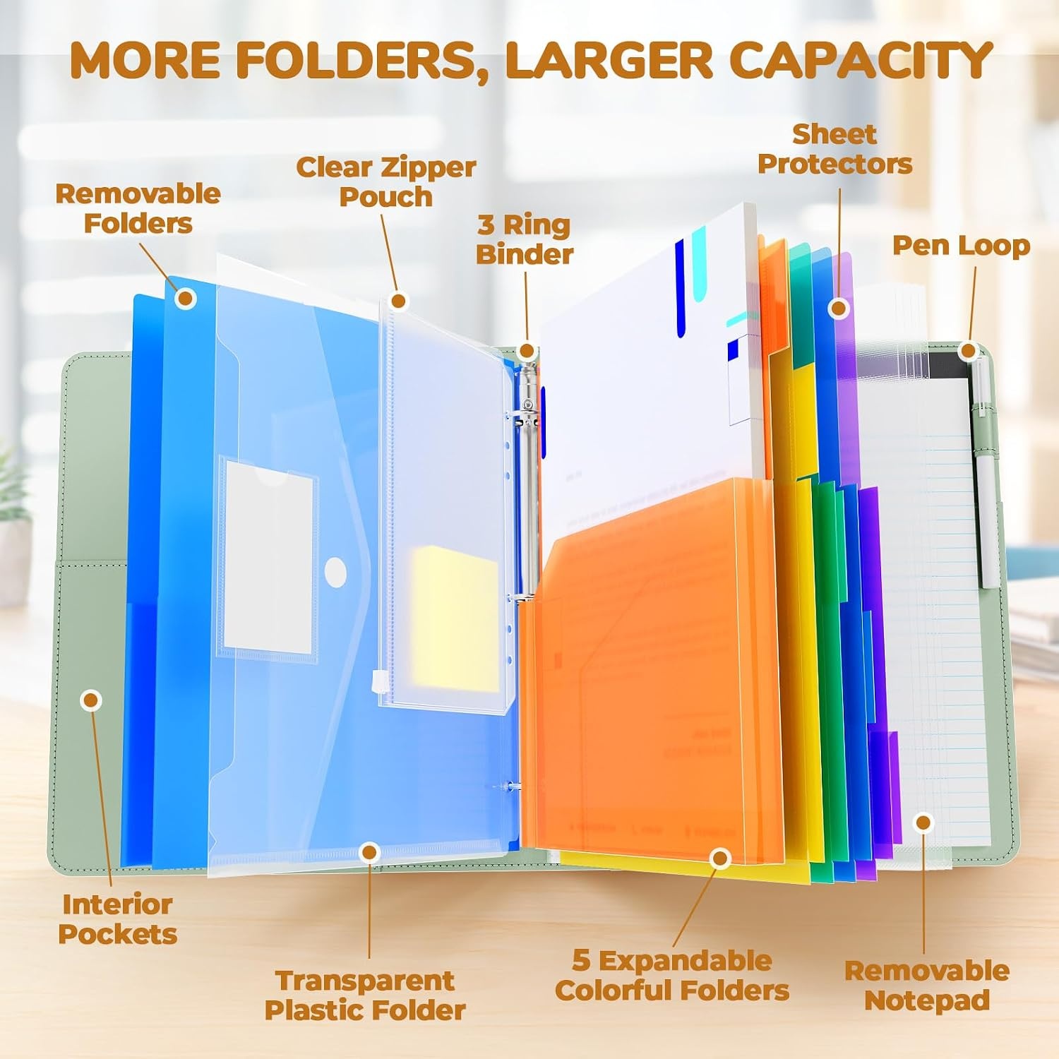 JoyCat 3 Ring Binder Grass Green + Khaki Clipboard with Storage,12.4″x10.2″Magnetic Clipboard Folder with 5 Expandable Folders