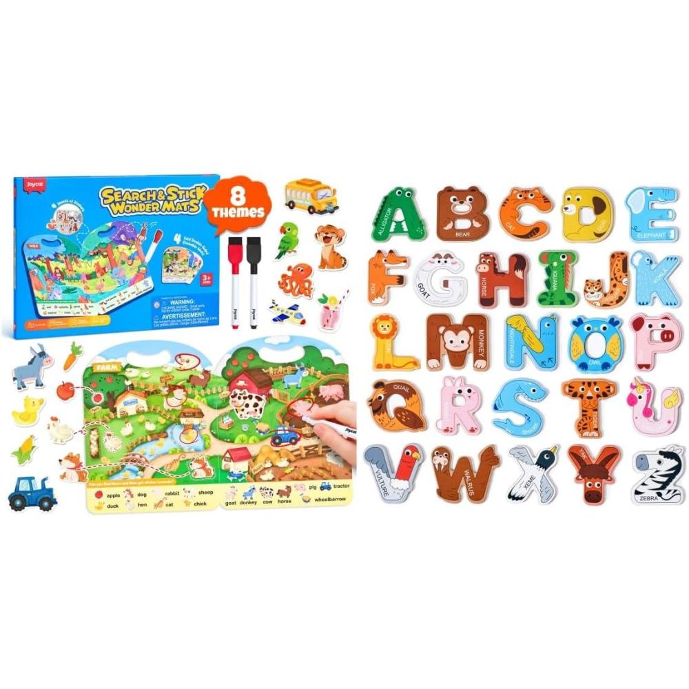 JoyCat Magnetic Letters, Alphabet ABC Fridge Magnets for Toddlers & Kids + JoyCat Search and Find Activity Mats, Reusable Sticker Books for Toddlers with 120+ Jelly Stickers