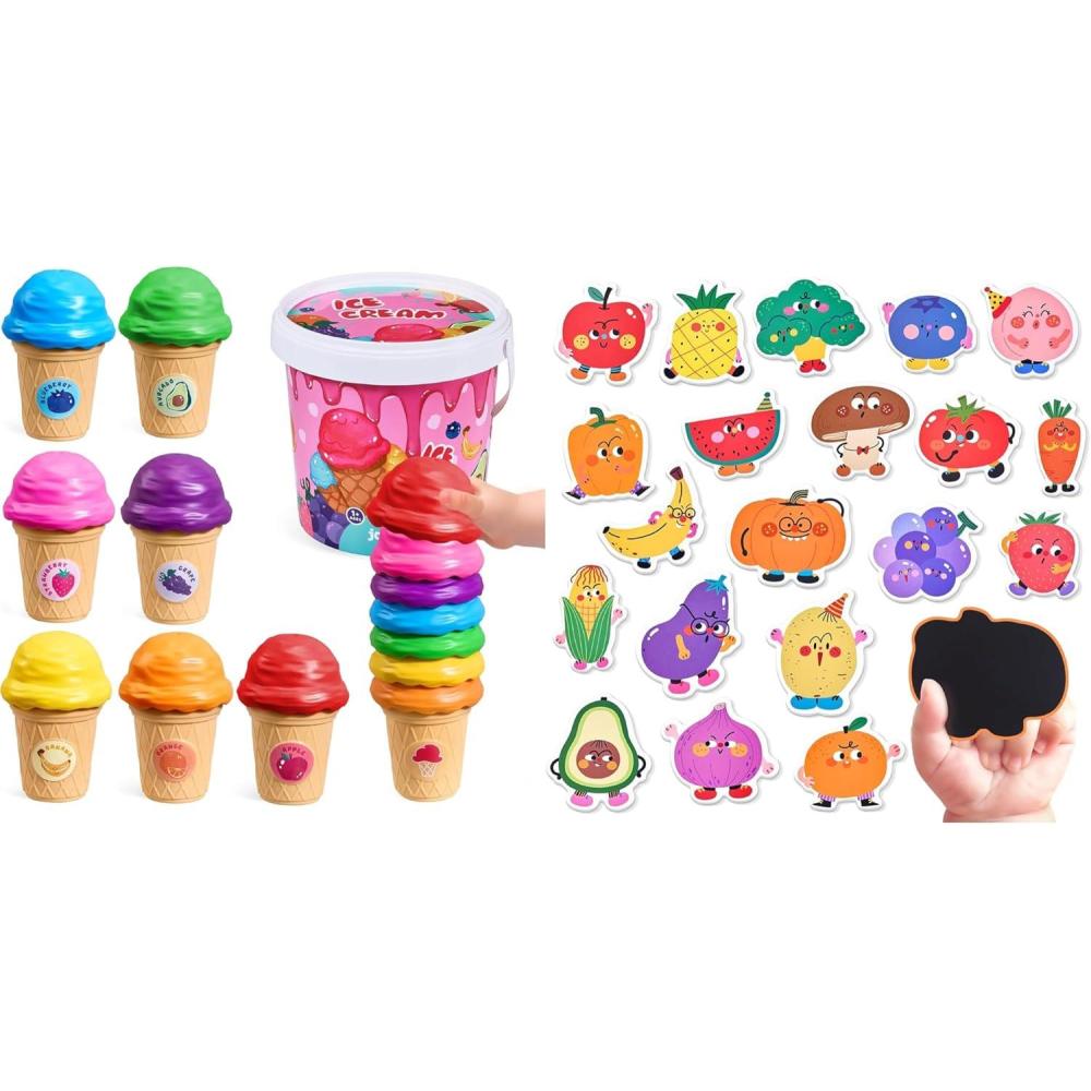 JoyCat Ice Cream Toy Set & Wooden Fruits & Vegetables Food Cartoon Fridge Magnets