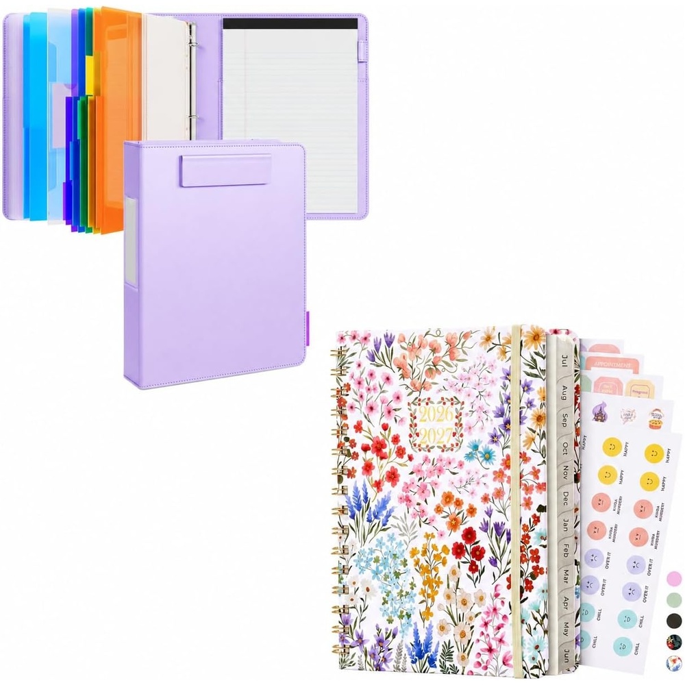 JoyCat 3 Ring Binder Purple Clipboard + A5 Wildflowers Academic Planner 2026-2027, July 2026 – June 2027, 6.3″ x 8.5″ Weekly & Monthly Planner