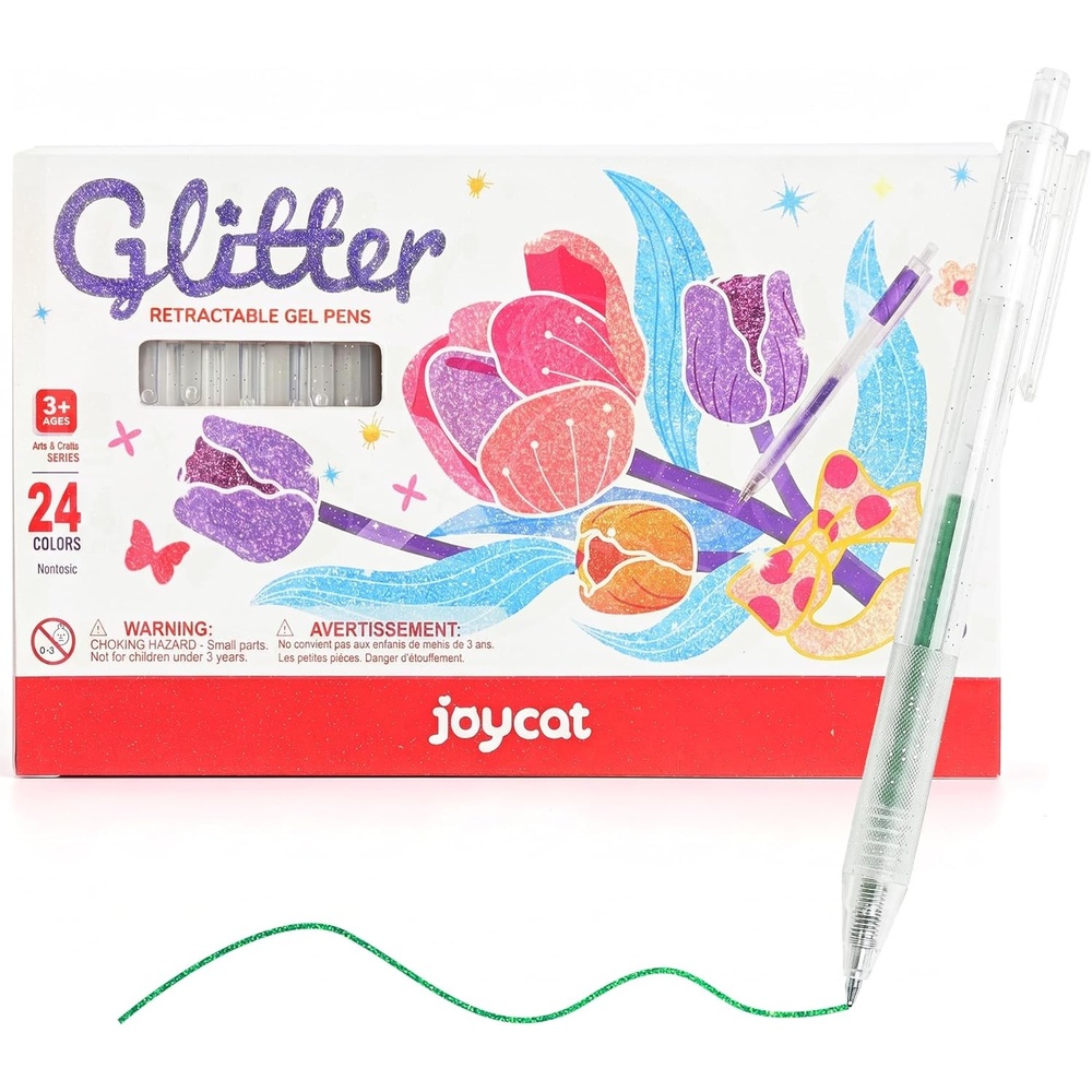 JoyCat Retractable Glitter Gel Pens, 0.8mm Fine Point Sparkle Click Pen with DIY Color Swatch Label, Cap-Free Gel Markers for Coloring, Journaling, Drawing, 48 Colors Ultimate Set with Storage Barrel(24)