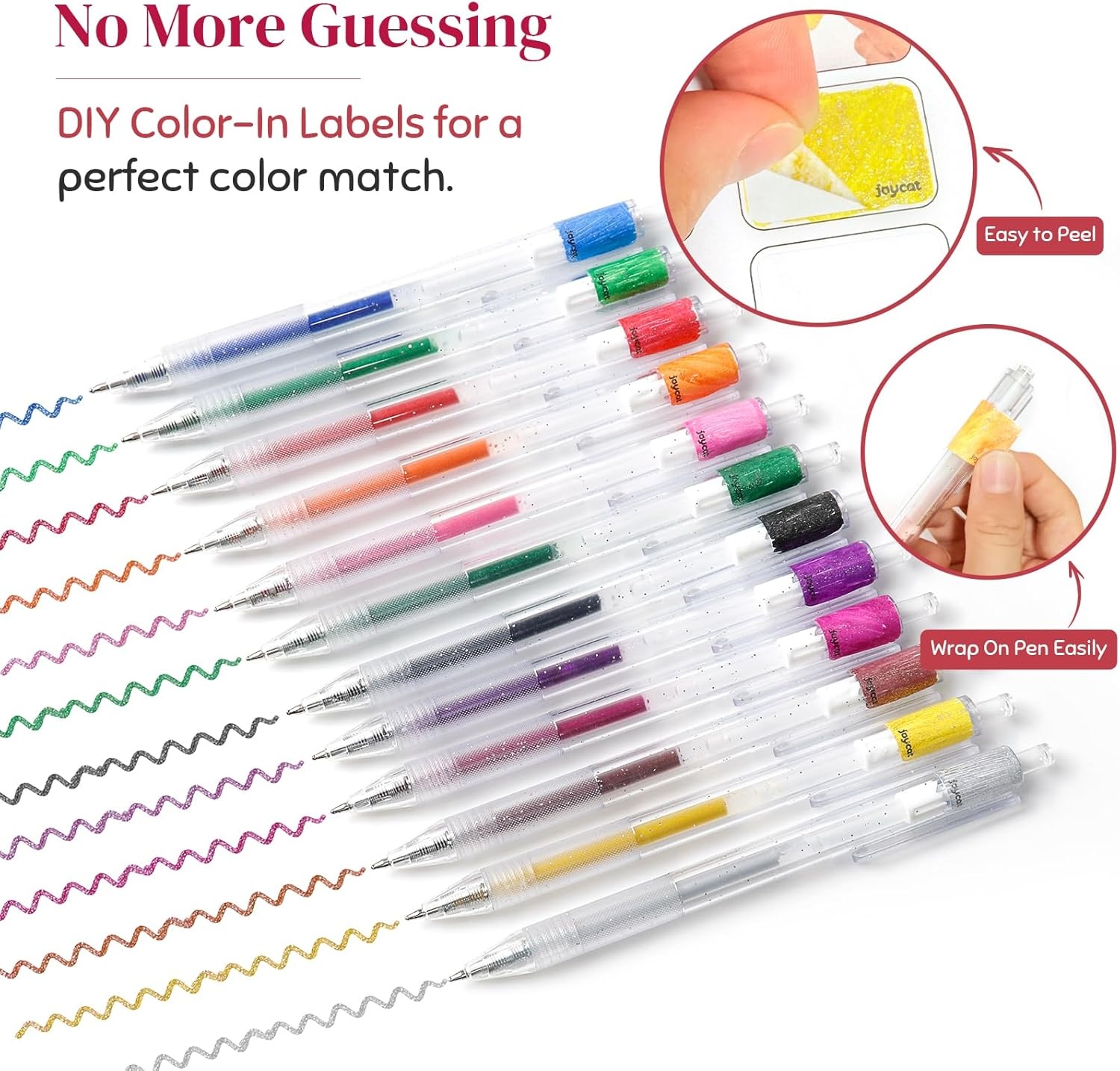 JoyCat Retractable Glitter Gel Pens, 0.8mm Fine Point Sparkle Click Pen with DIY Color Swatch Label, Cap-Free Gel Markers for Coloring, Journaling, Drawing, 48 Colors Ultimate Set with Storage Barrel(24)