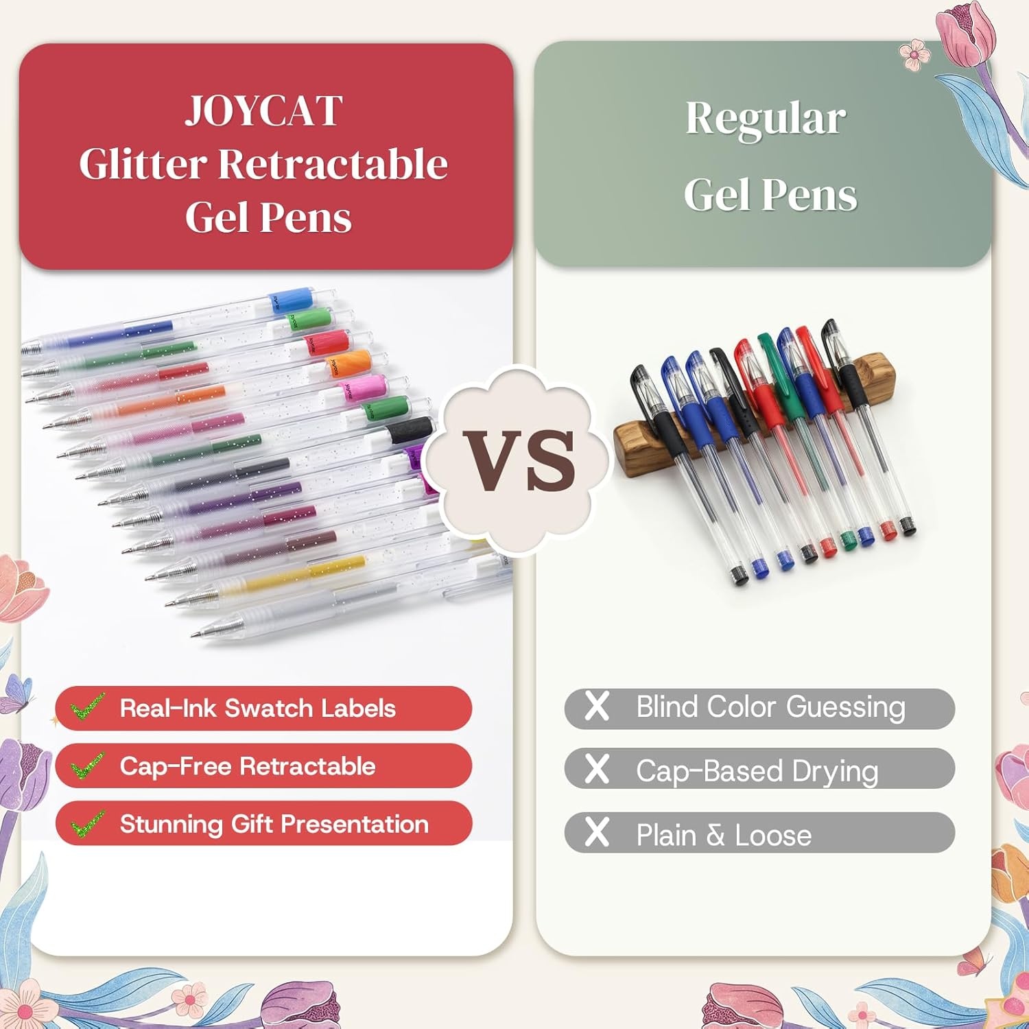JoyCat Retractable Glitter Gel Pens, 0.8mm Fine Point Sparkle Click Pen with DIY Color Swatch Label, Cap-Free Gel Markers for Coloring, Journaling, Drawing, 48 Colors Ultimate Set with Storage Barrel(24)