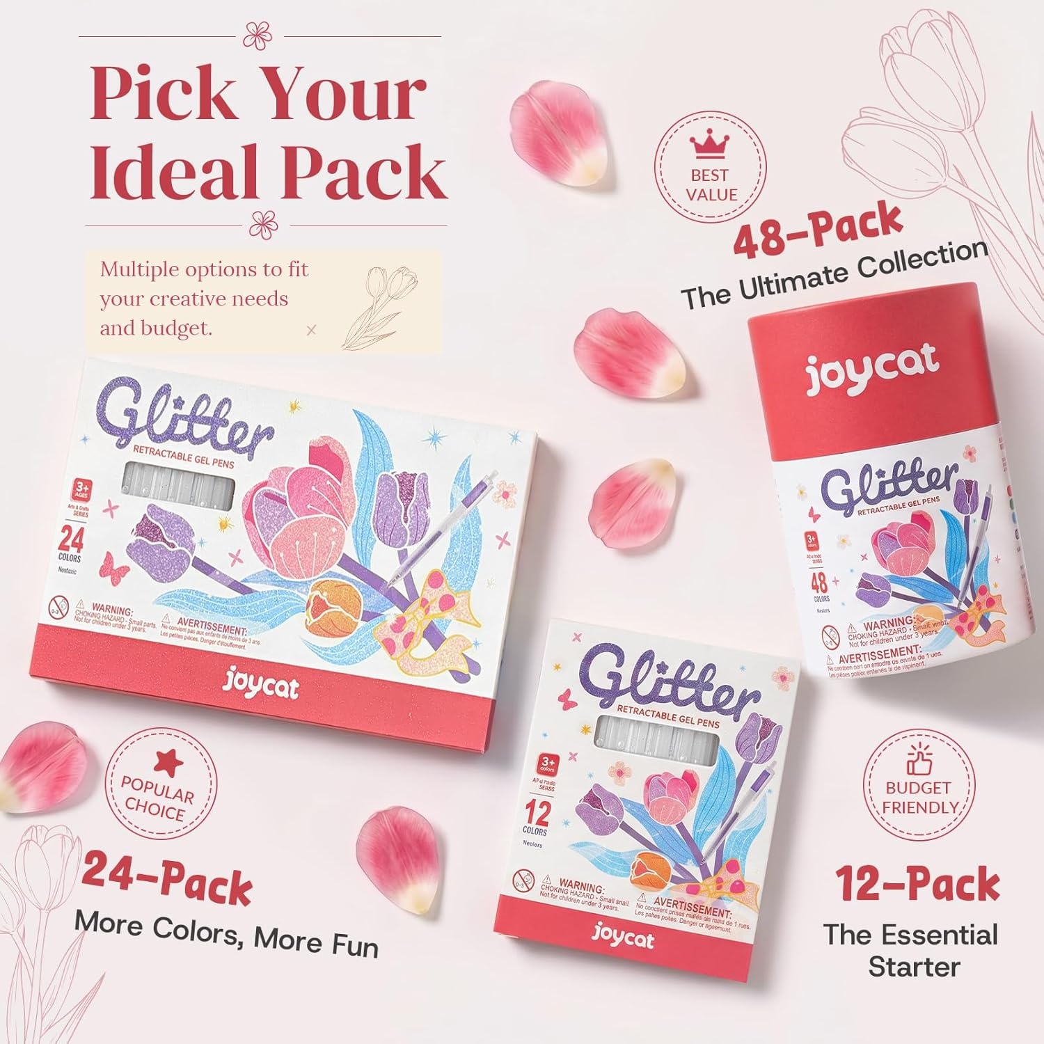 JoyCat Retractable Glitter Gel Pens, 0.8mm Fine Point Sparkle Click Pen with DIY Color Swatch Label, Cap-Free Gel Markers for Coloring, Journaling, Drawing, 48 Colors Ultimate Set with Storage Barrel(24)