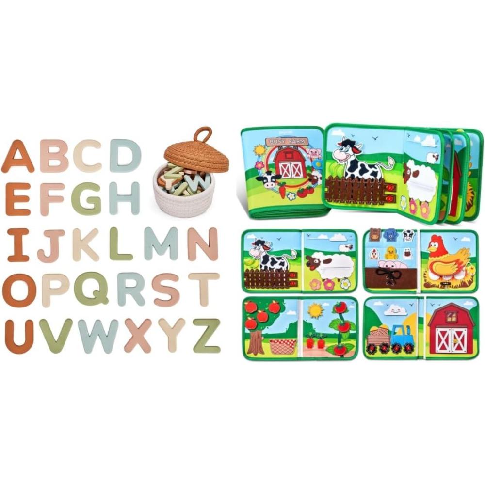 JoyCat Farm Busy Book for Toddlers 1-3 – 1 Year Old Boys Girls Gifts Toys + Silicone Alphabet Magnetic Letters, 26 Uppercase ABC Fridge Magnets for Toddlers & Kids