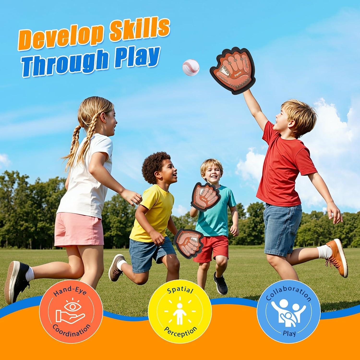JoyCat Toss and Catch Ball Game for Kids, 4 Paddle Sticky Ball Set, Toddler Baseball Catch Toy, Outdoor Game for Beach, Yard&Camping, Family Sports for Boys Girls Ages 3-12(4 PCS SET)