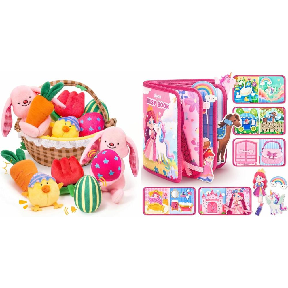 JoyCat Princess Busy Book Baby My First Easter Basket, 6 PCS Plush Playset Stuffers with Bunny Chick Eggs Carrot Tulip Toys, Easter Party Favors Decorations Gifts Supplies for Baby Girls Boys